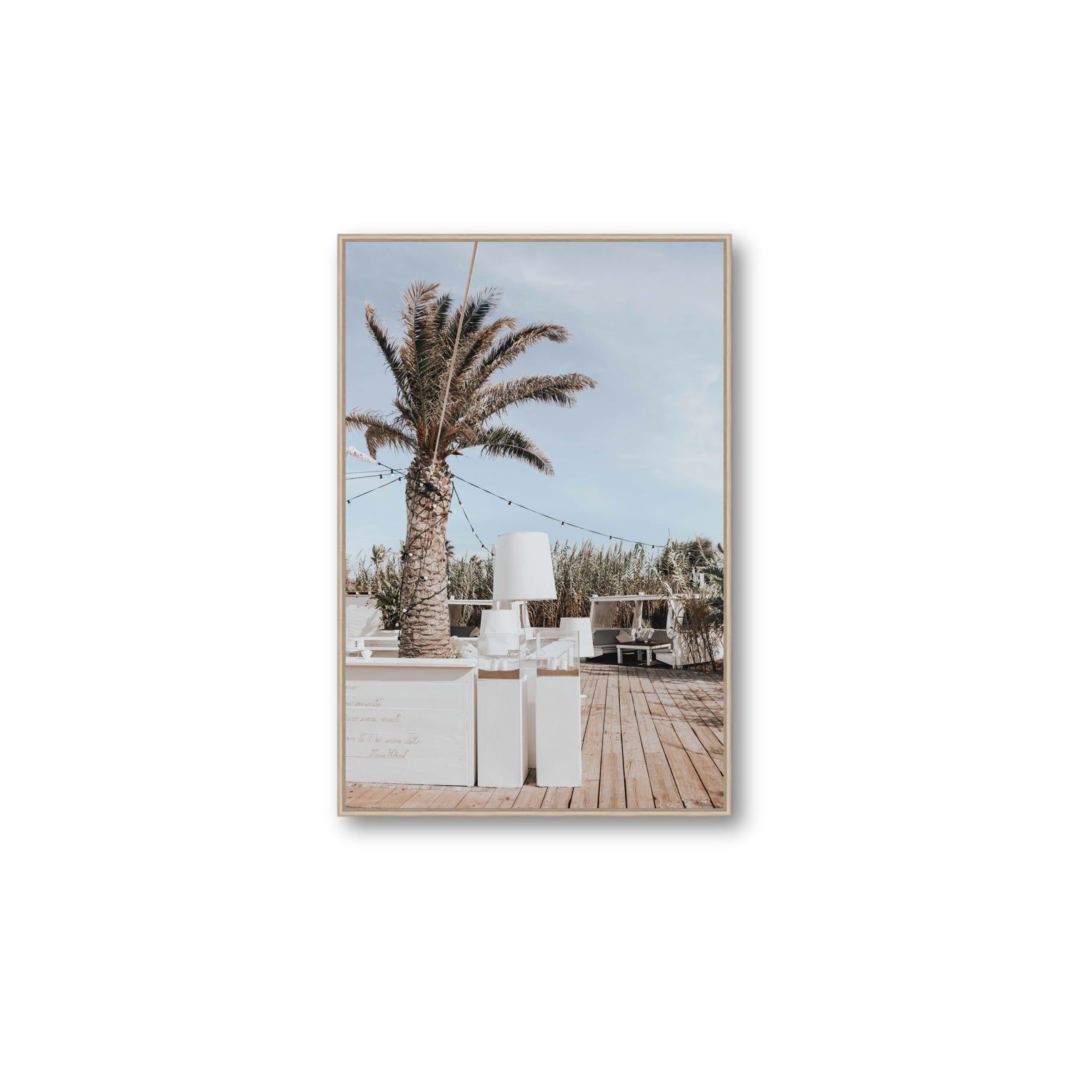 Seabreeze Palm Puglia coastal beach wall art Large fine art canvas in natural oak float frame
