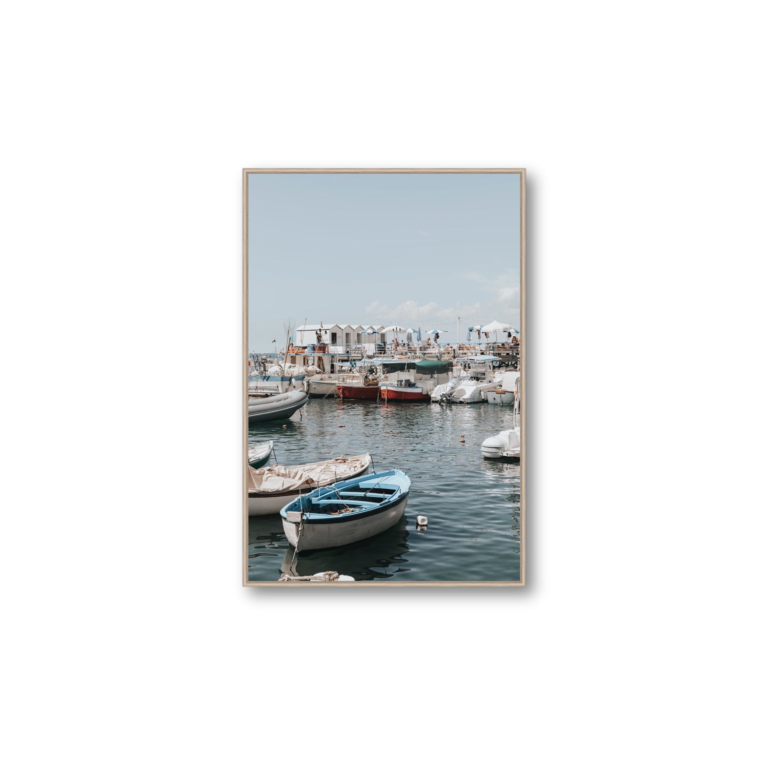 Harbour Hues Sorrento coastal Carousel wall art Large fine art canvas in natural oak float frame