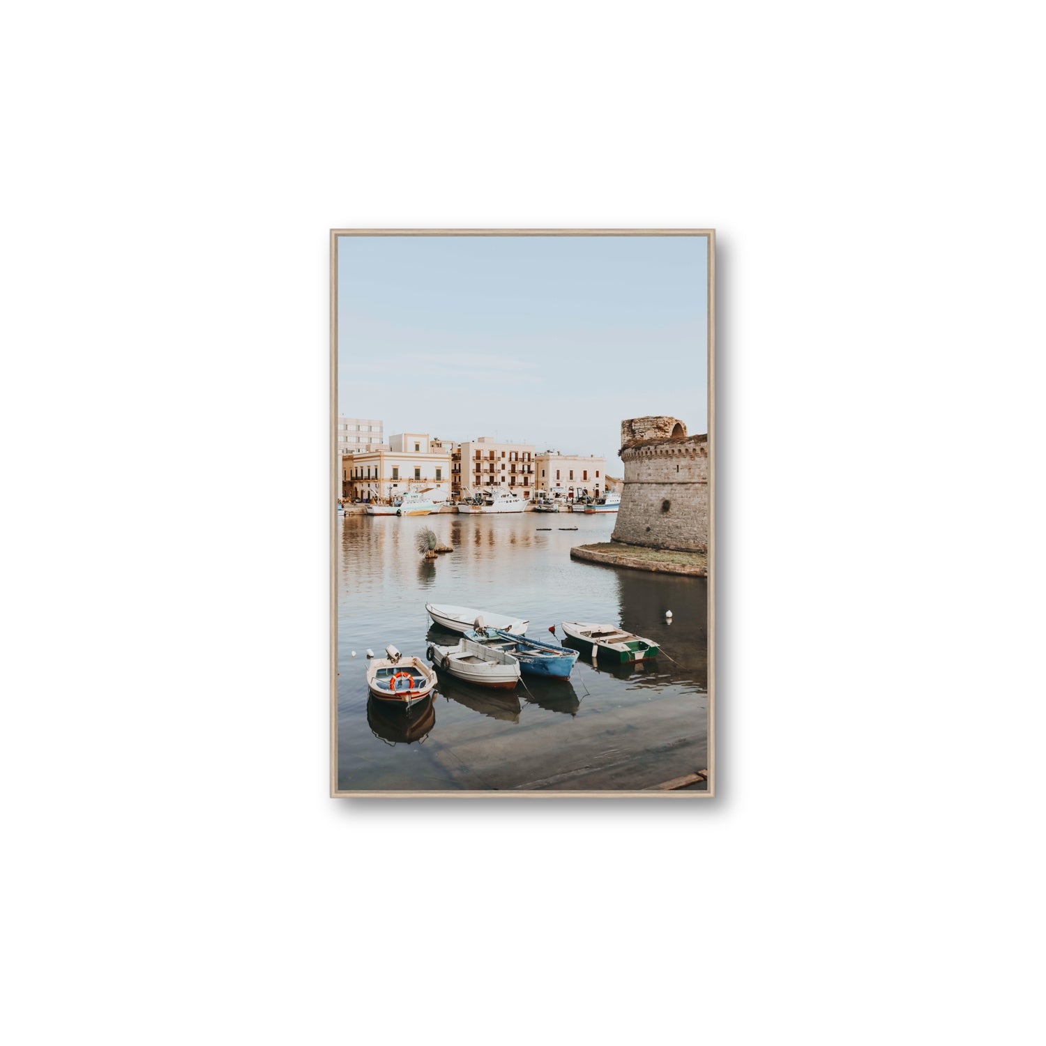 Gallipoli Harbour Puglia coastal wall art Large fine art canvas in natural oak float frame