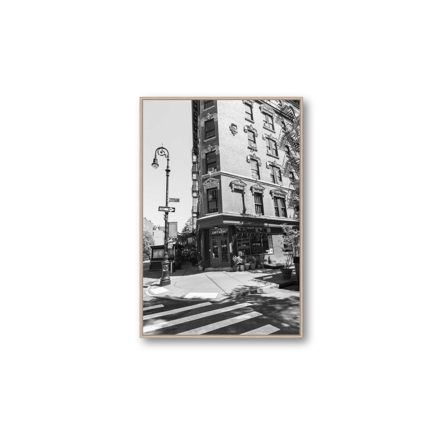 Parisian On Perry New York NYC Black & White wall art Large fine art canvas in natural oak float frame