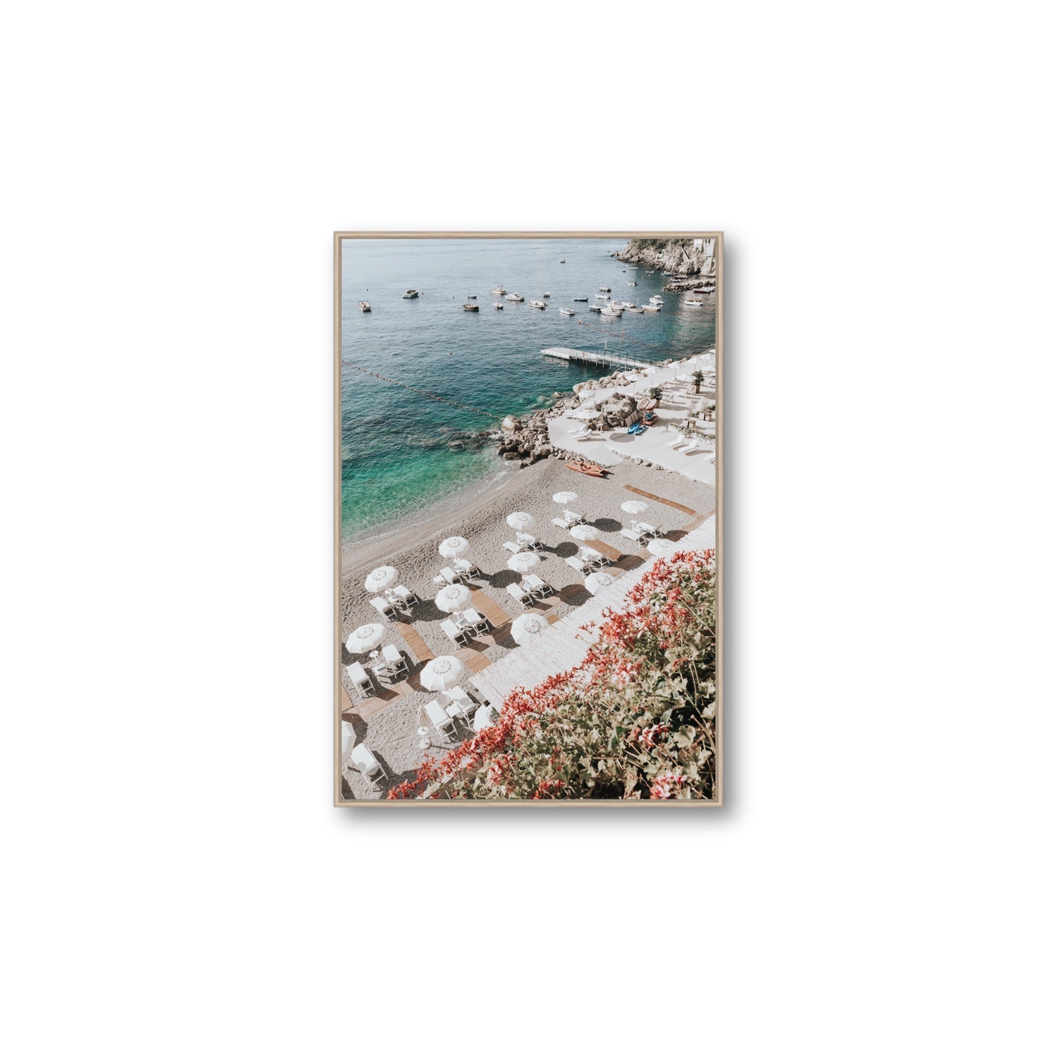Tranquil Oasis Amalfi coastal wall art Large fine art canvas in natural oak float frame