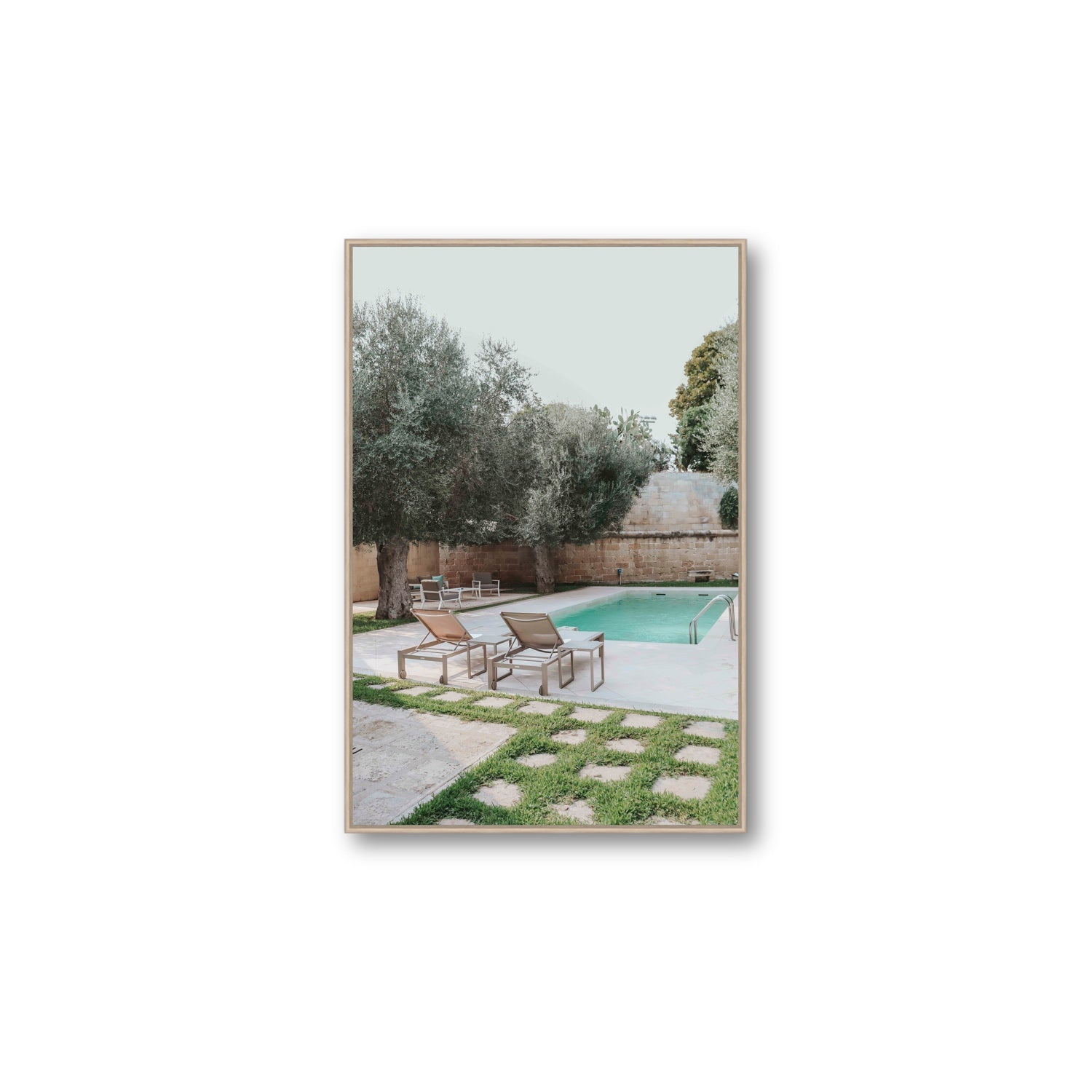 Olive Oasis Puglia Mediterranean wall art Large fine art canvas in natural oak float frame