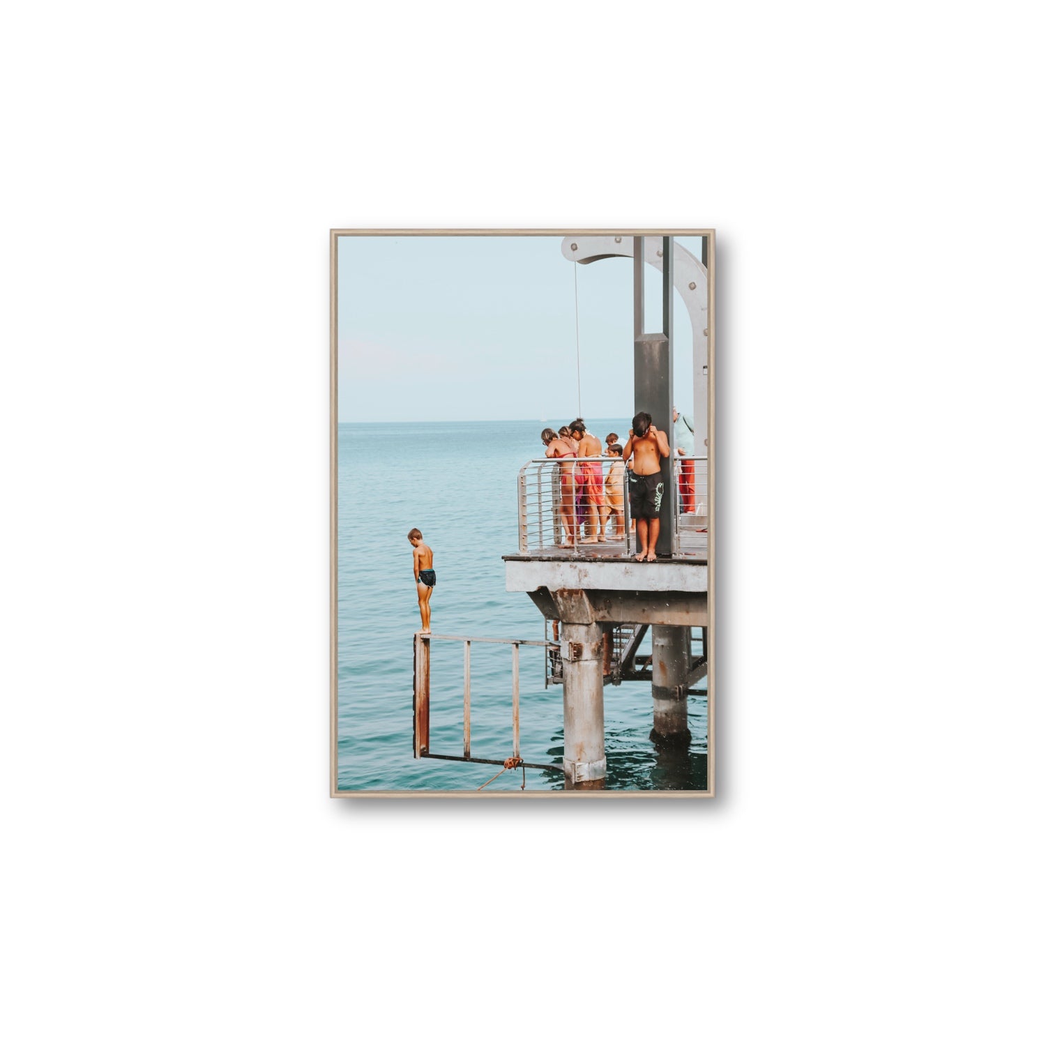 Golden Boy Alassio coastal decor wall art Large fine art canvas in natural oak float frame