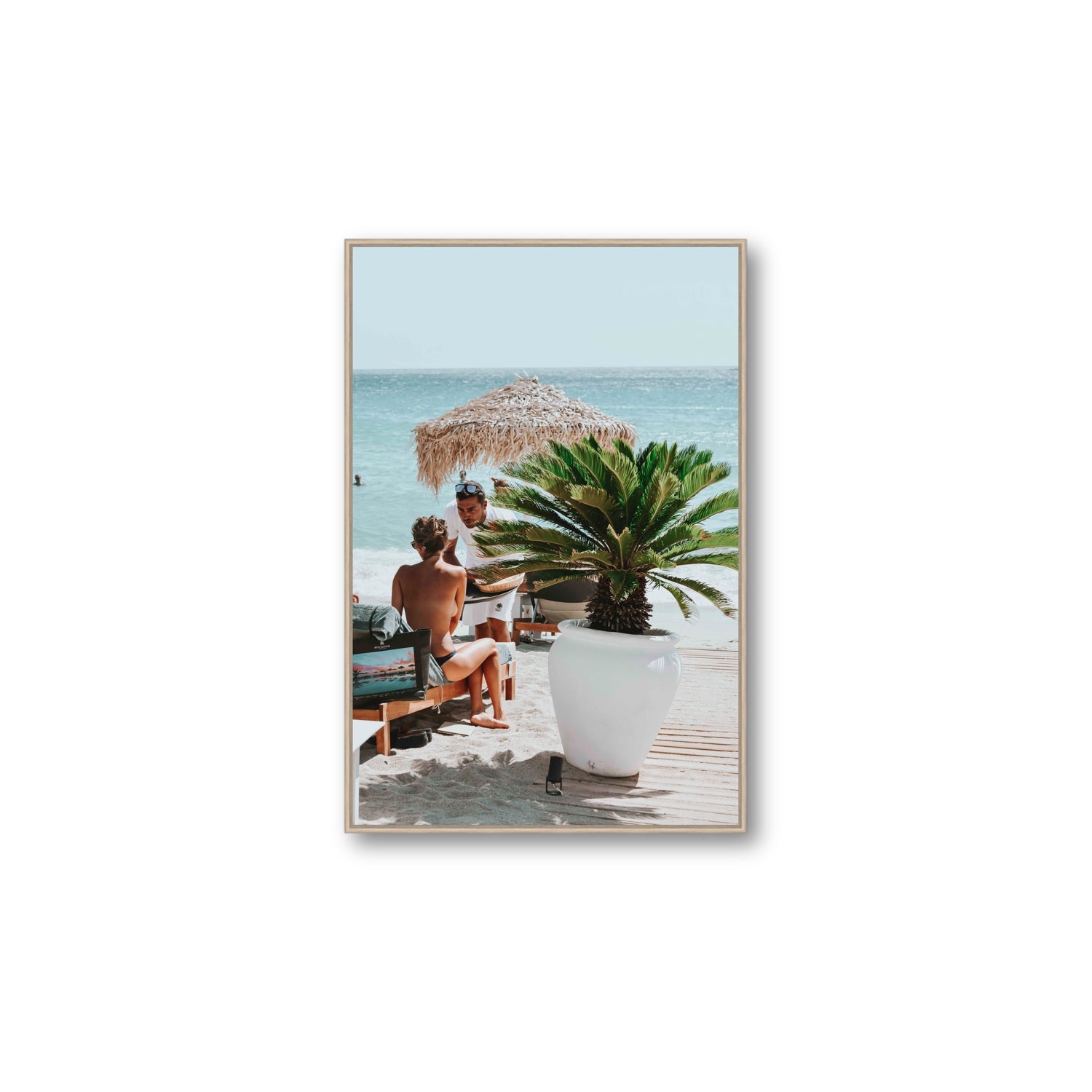 At Your Service Mykonos Greek island wall art Large fine art canvas in natural oak float frame