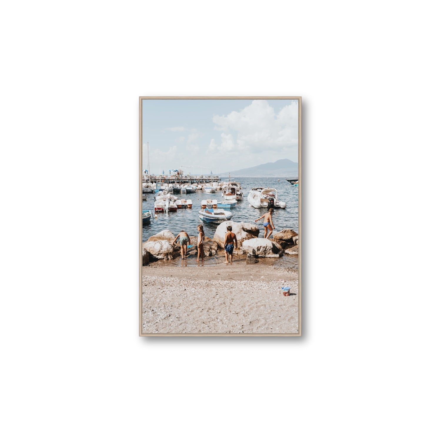 Searching For Treasures Sorrento coastal wall art Large fine art canvas in natural oak float frame