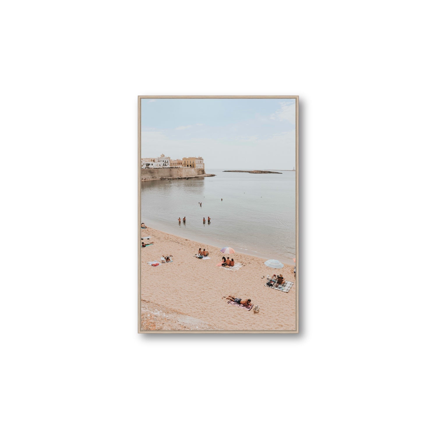 Spiaggia della Purita Puglia coastal art print Large fine art canvas in natural oak float frame