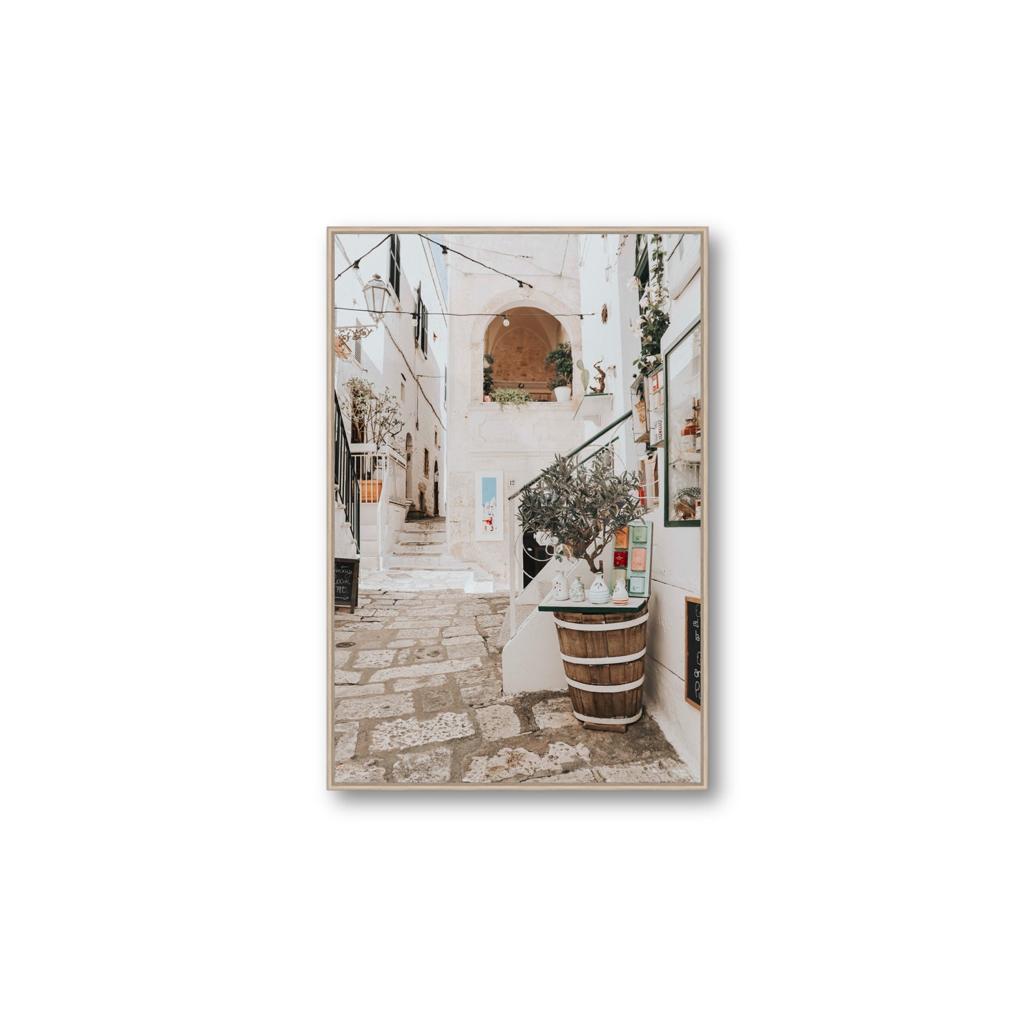 Olive Tree Lane Puglia Ostuni Mediterranean decor wall art Large fine art canvas in natural oak float frame