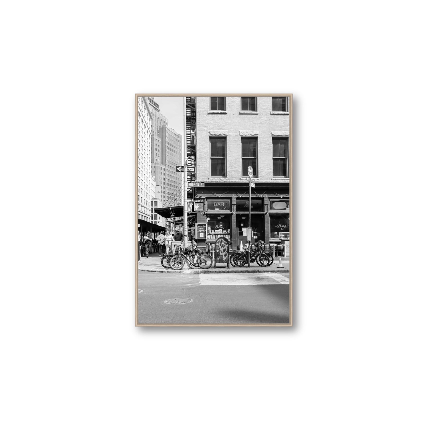 Bites Of The Big Apple New York NYC Black & White wall art Large fine art canvas in natural oak float frame