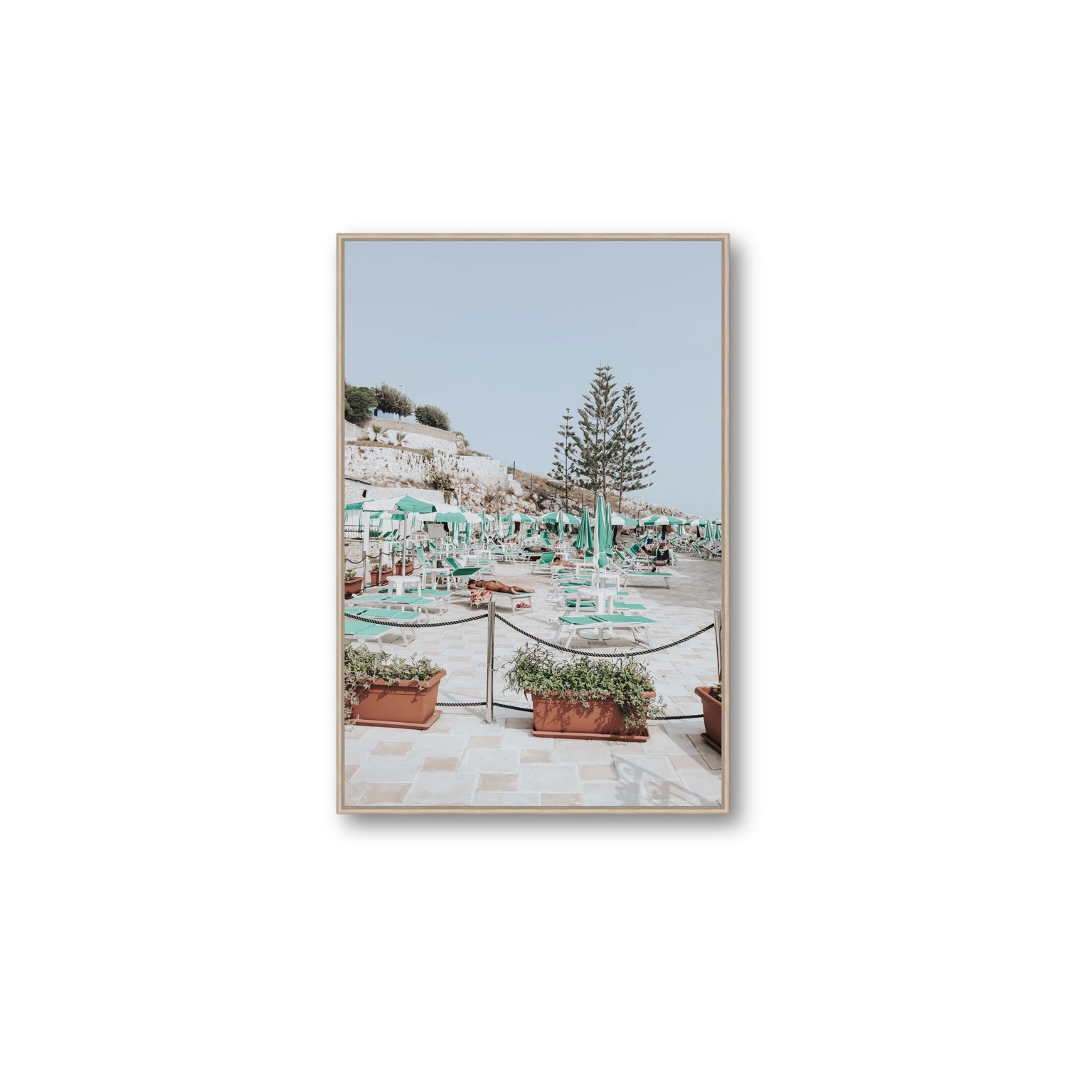 Siesta on The Terrace Puglia coastal wall art Large fine art canvas in natural oak float frame