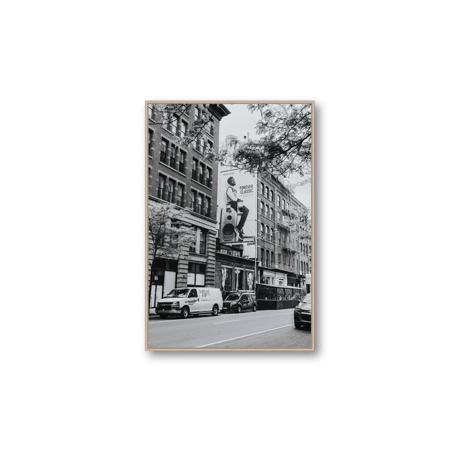 Forever Classic New York NYC Black & White wall art Large fine art canvas in natural oak float frame