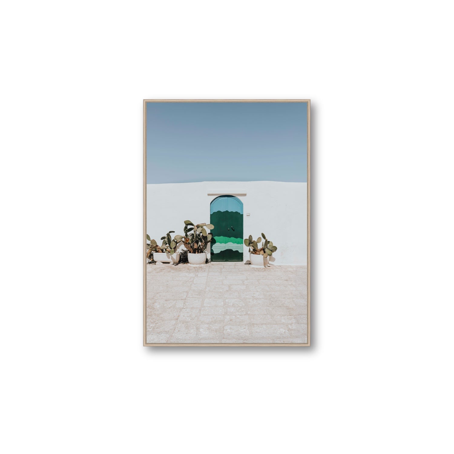 Imaginary Exit Puglia Mediterranean wall art Large fine art canvas in natural oak float frame