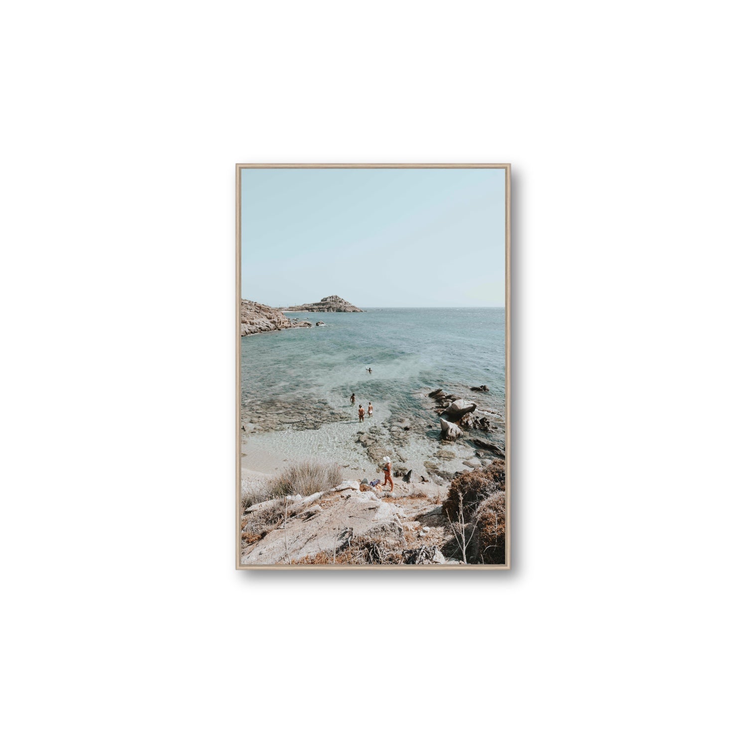 Explorers Mykonos Greek island wall art Large fine art canvas in natural oak float frame