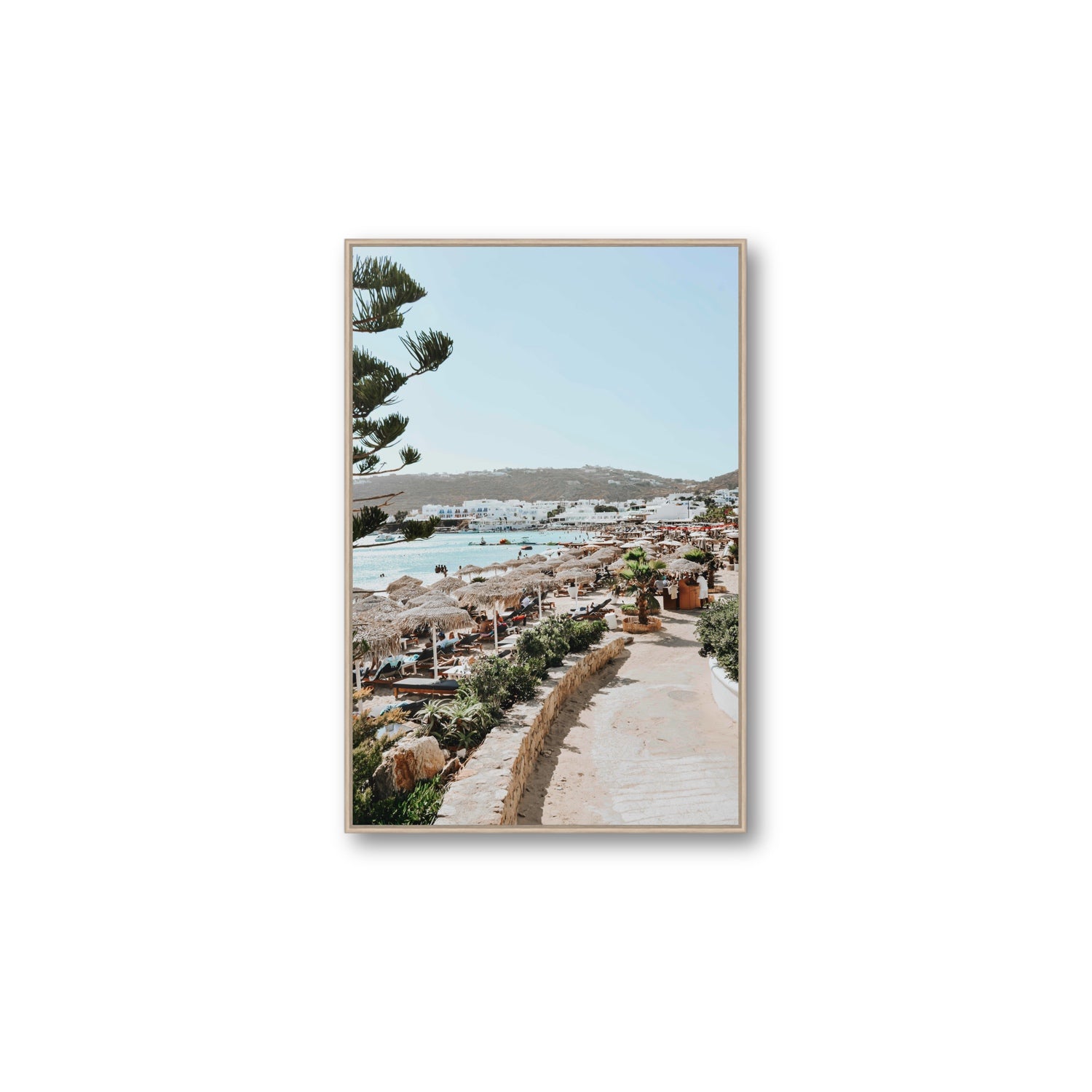 All Roads Lead To The Beach Mykonos Greek island wall art Large fine art canvas in natural oak float frame