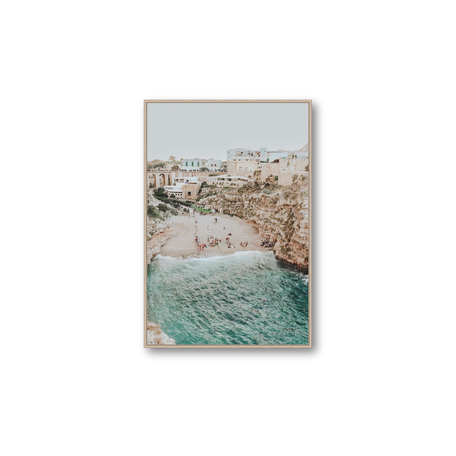 Polignano Vista Puglia coastal Italian beach fine art print Large fine art canvas in natural oak float frame