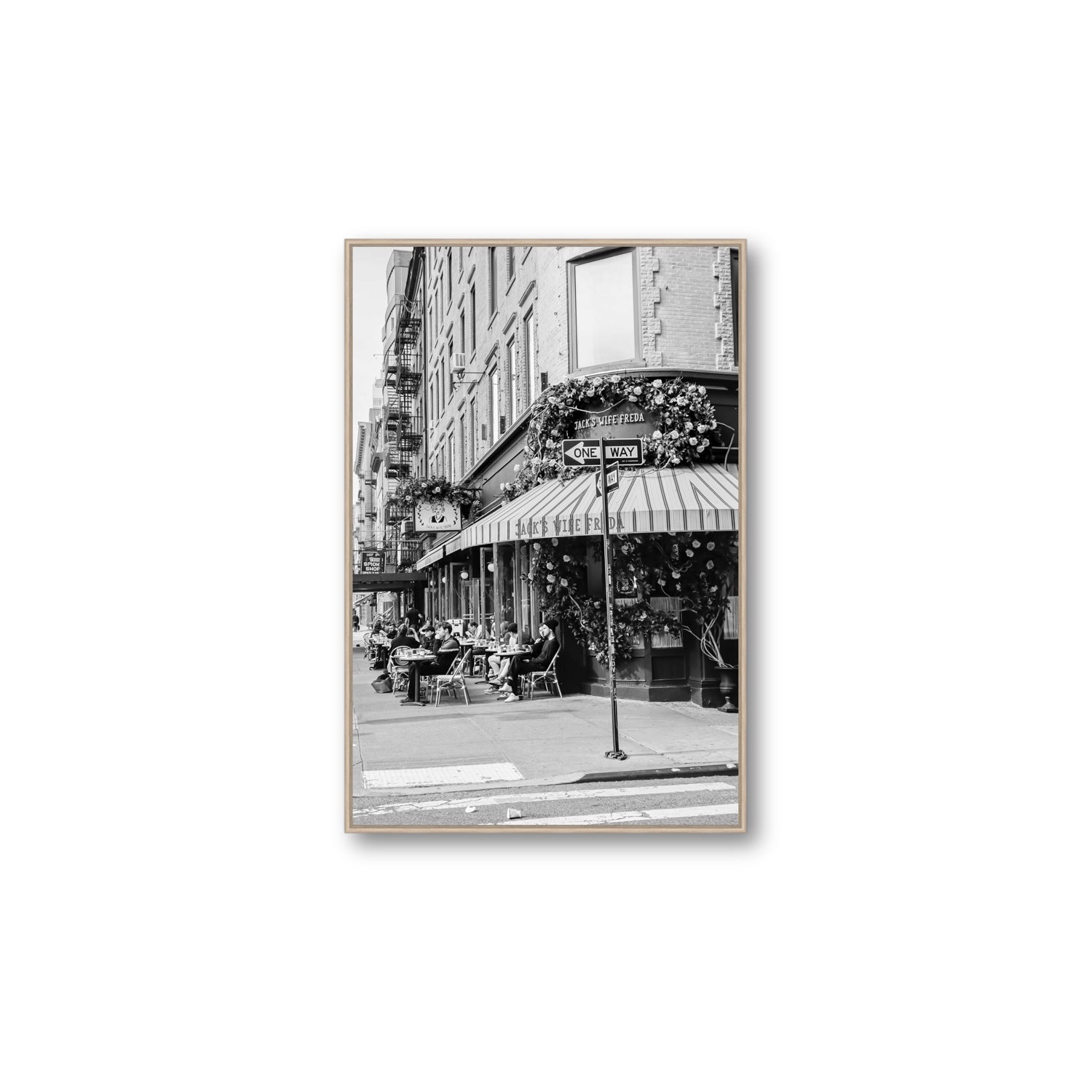 Freda's Feast New York NYC Black & White wall art Large fine art canvas in natural oak float frame