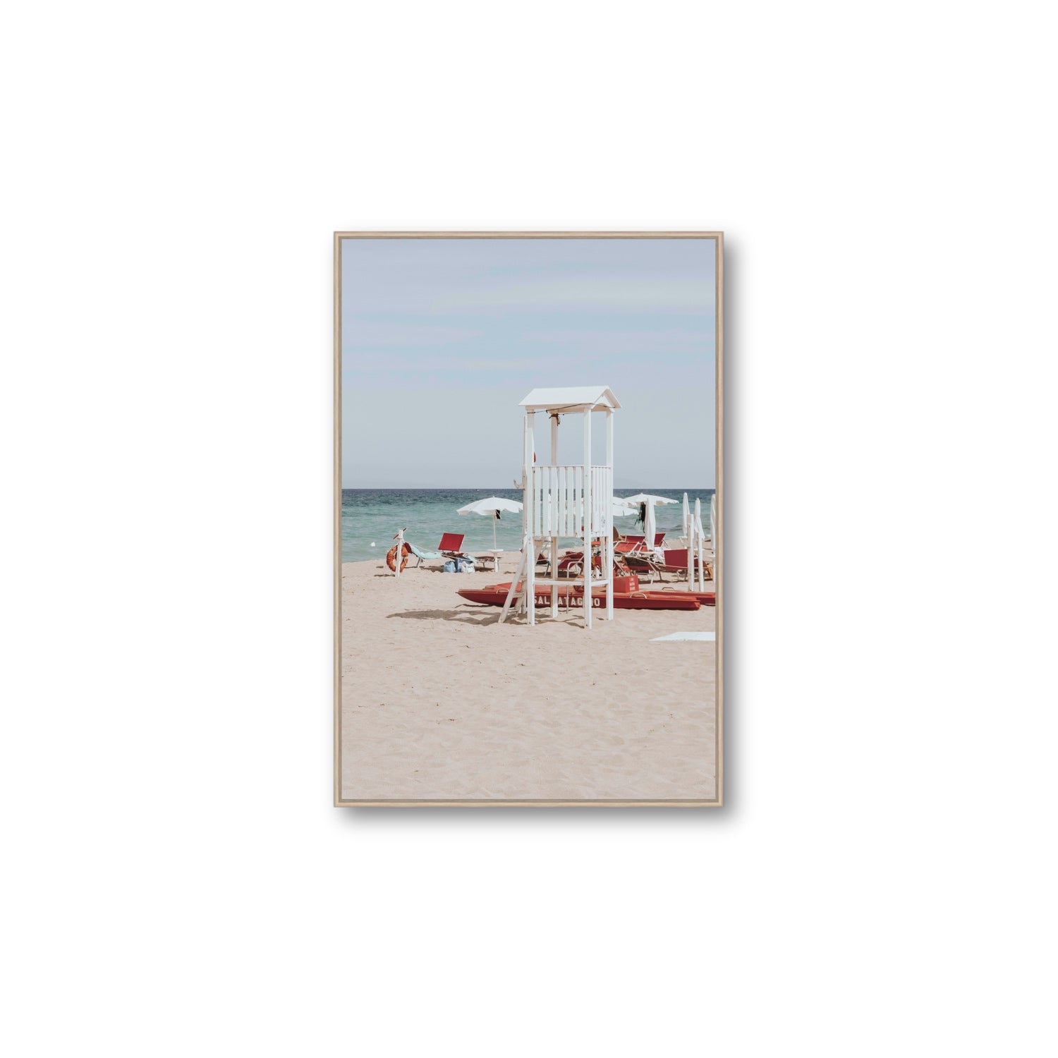 Barefoot Bliss Puglia beach Italian coastal decor wall art Large fine art canvas in natural oak float frame