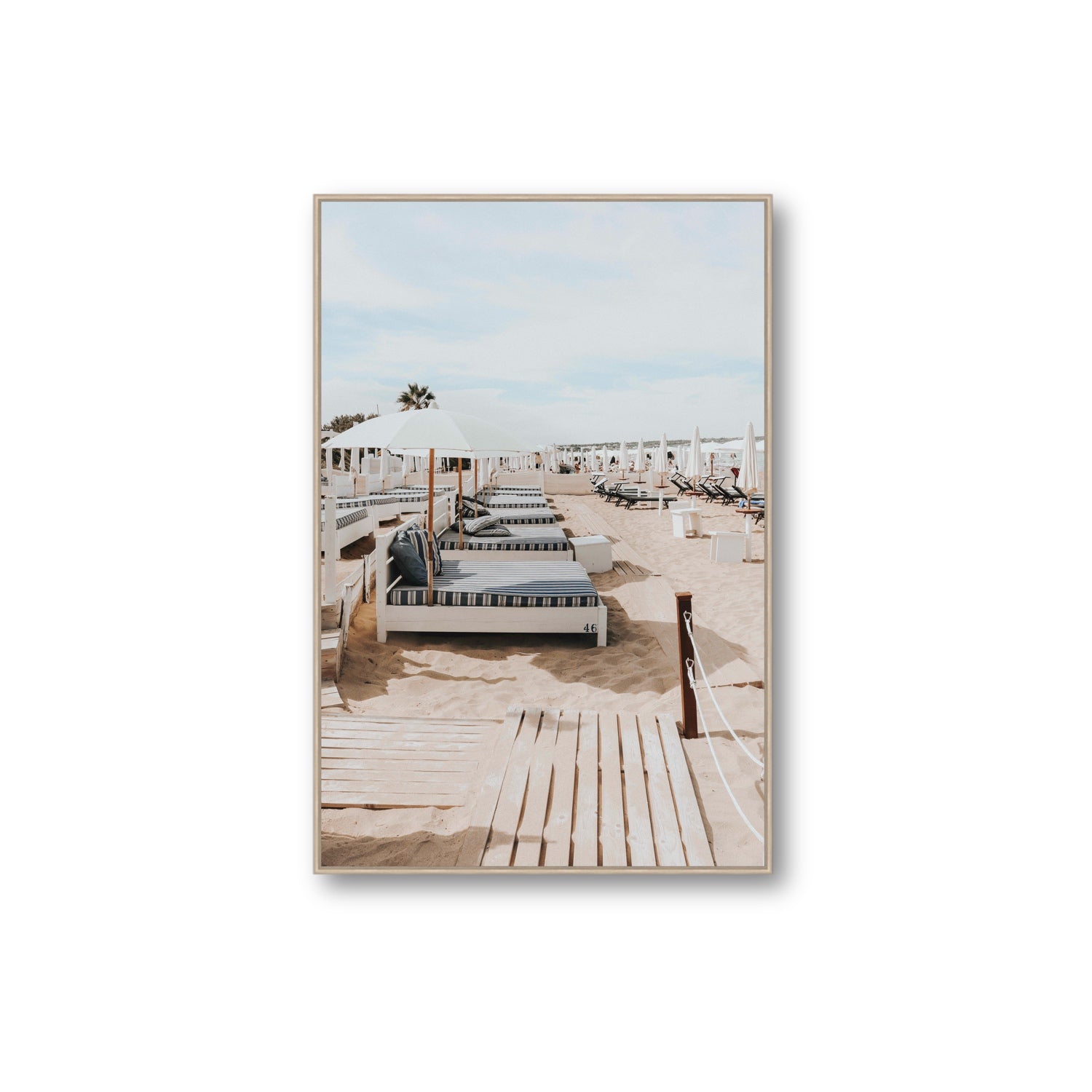 Coastal Repose Puglia beach Mediterranean fine art print Extra Large fine art canvas in natural oak float frame