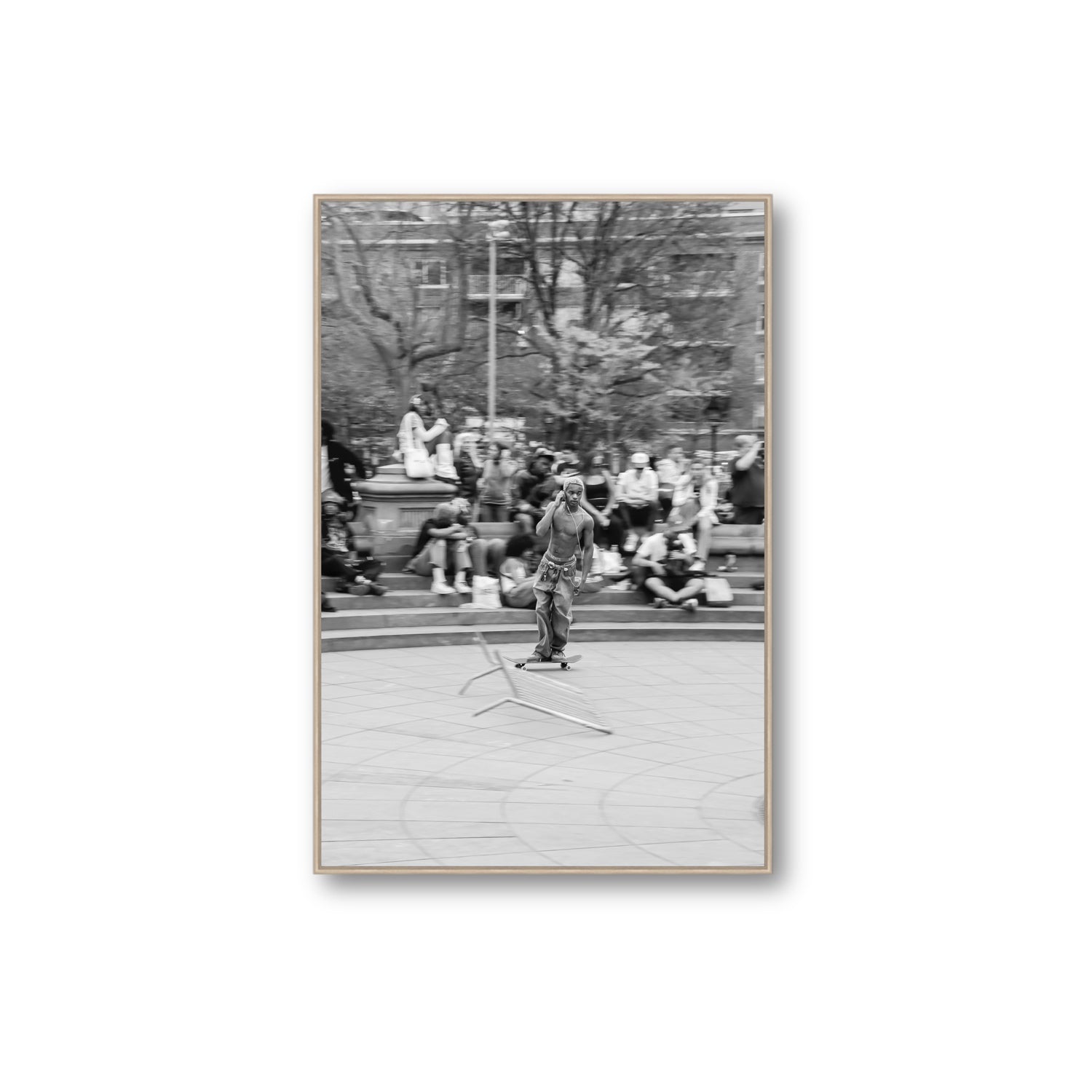 Skate Park Serenade New York NYC Black & White wall art Extra Large fine art canvas in natural oak float frame