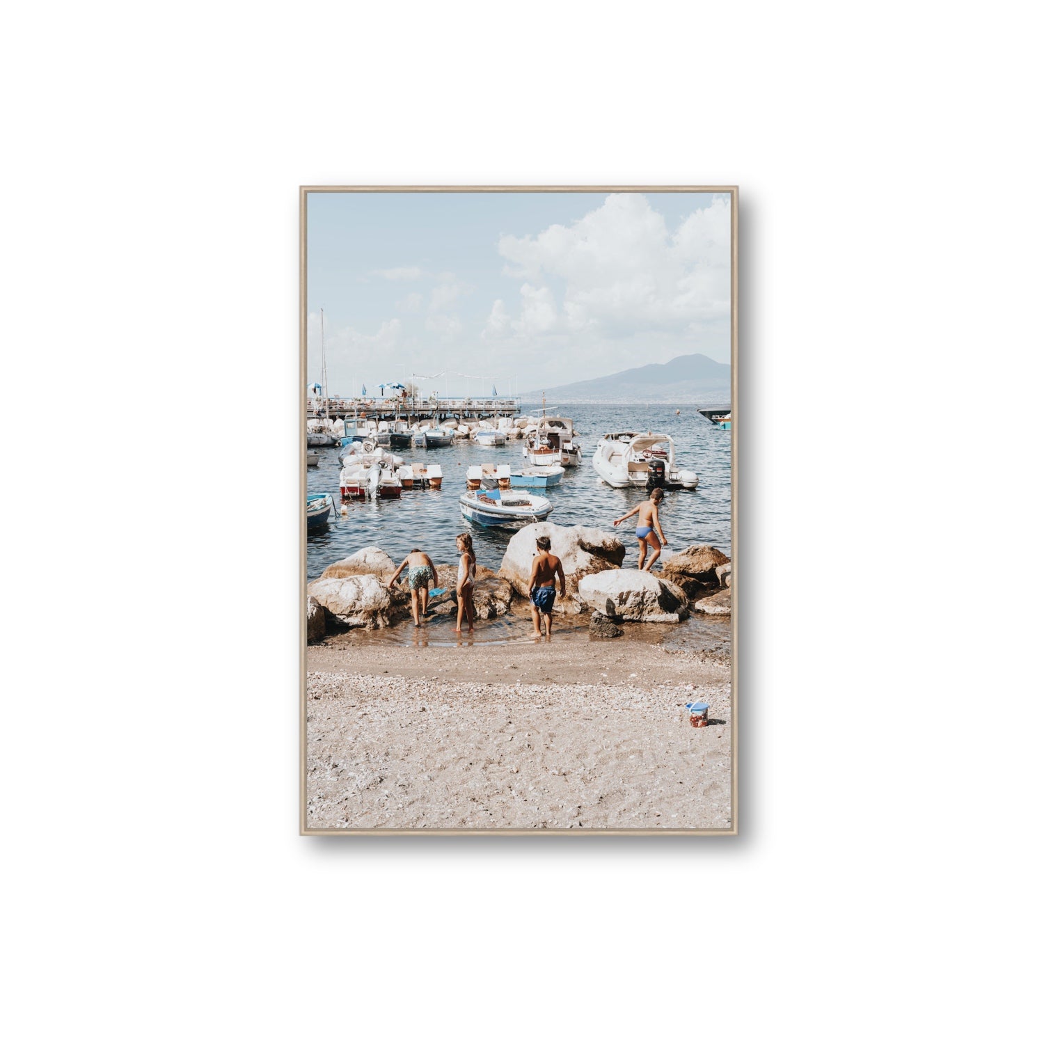 Searching For Treasures Sorrento coastal wall art Extra Large fine art canvas in natural oak float frame