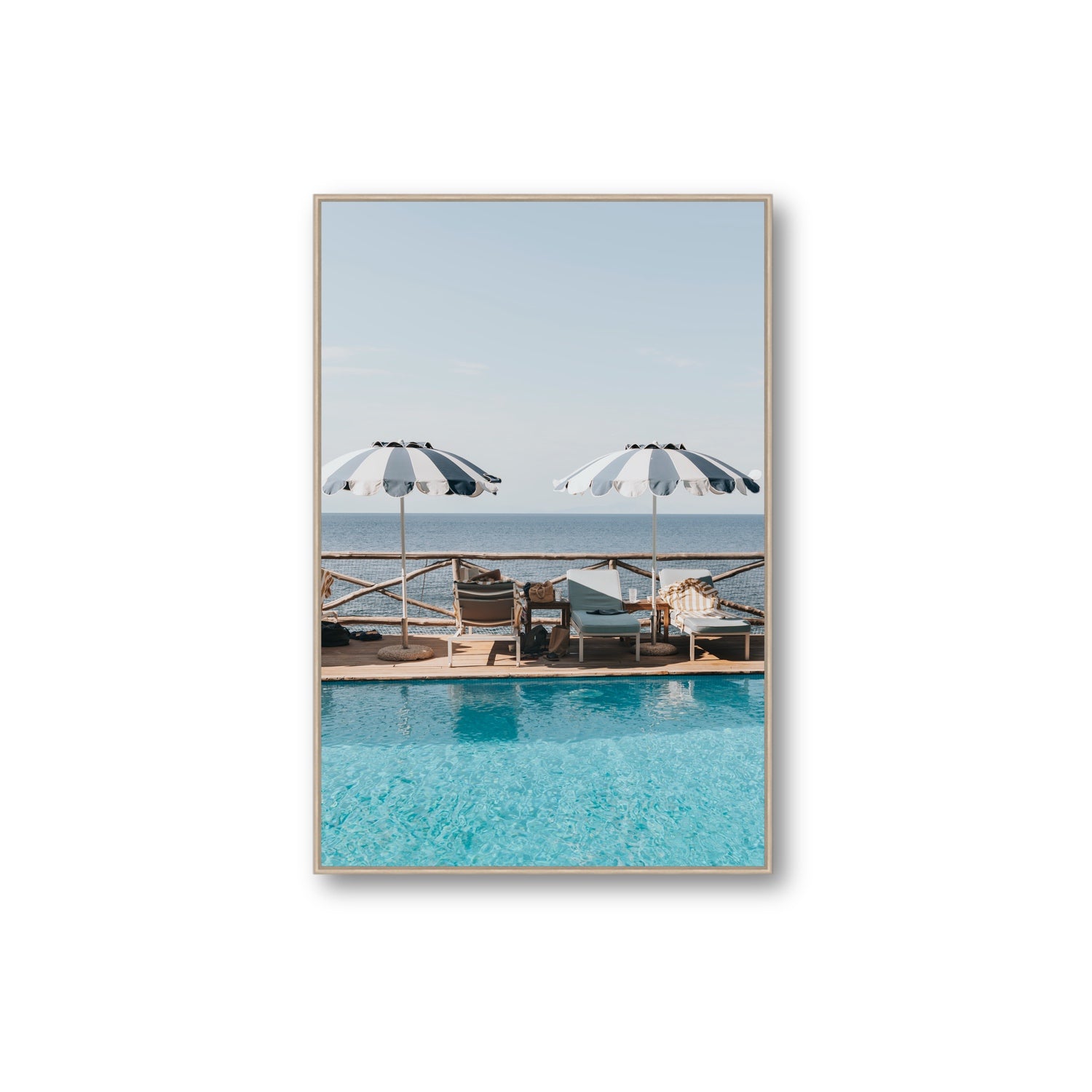 Beach Retreat fine art print, Ischia, Italy, european beach clubs artwork, Extra Large, Natural Oak Float Frame, Fine Art Canvas