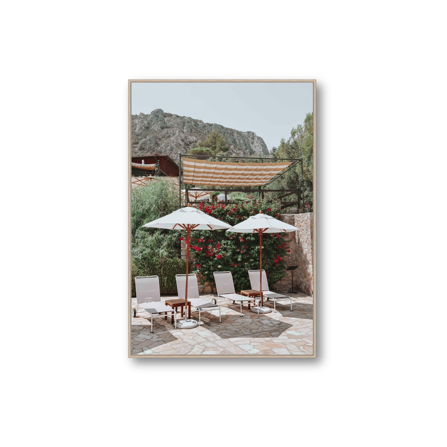 Shades of Leisure Tuscany coastal Italian wall art Extra Large fine art canvas in natural oak float frame