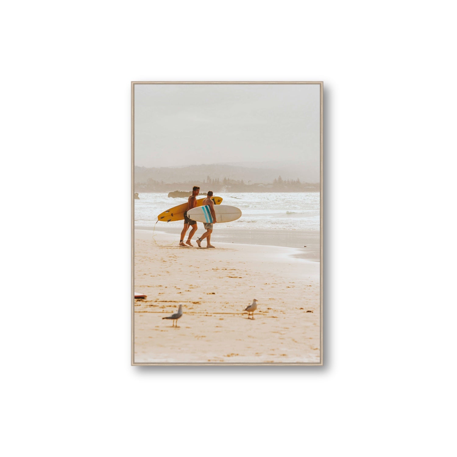 Shane & Benji Byron Bay Surf coastal wall art Extra Large fine art canvas in natural oak float frame