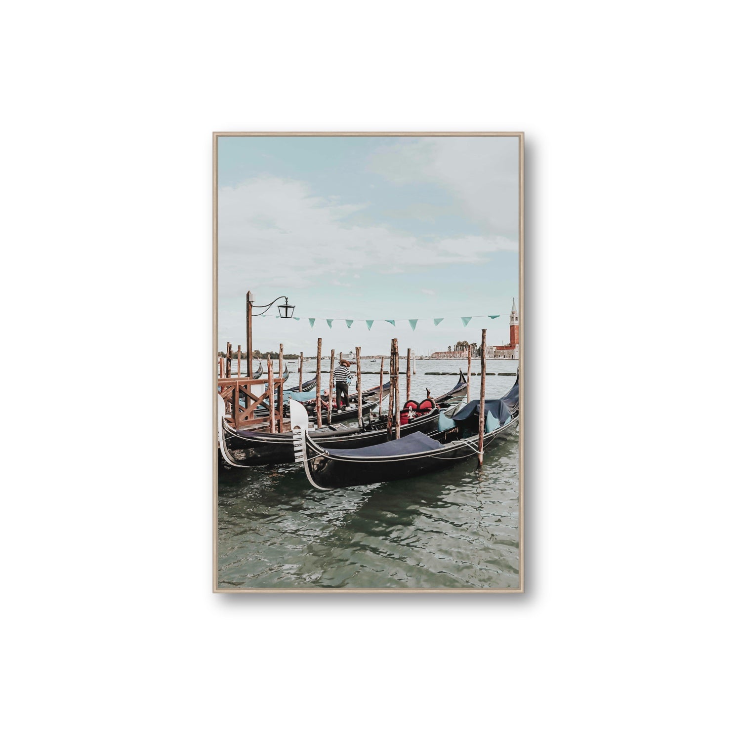 The Gondolier Venice Gondola Italian wall art Extra Large fine art canvas in natural oak float frame