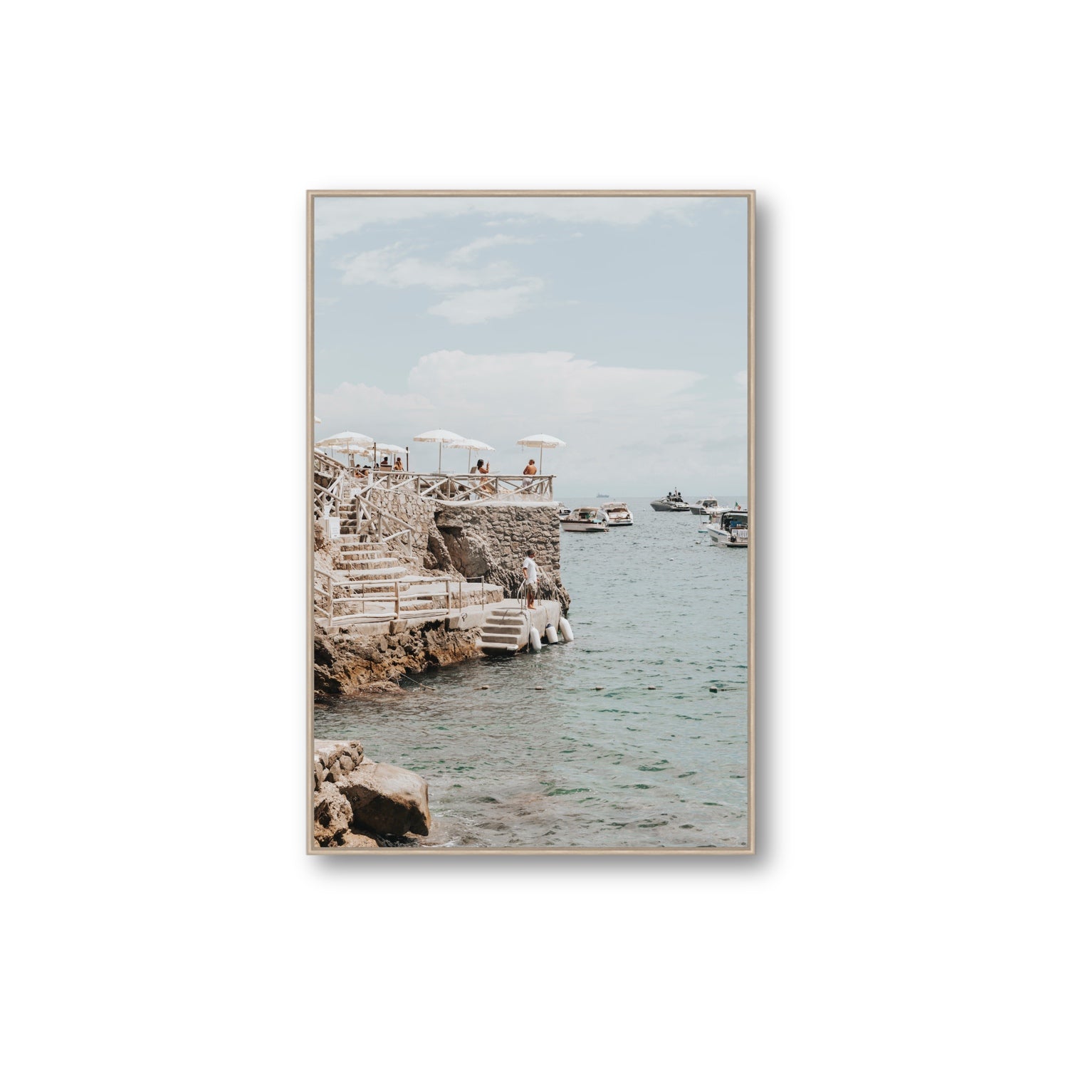 Pier Patrol fine art print, Nerano, Italy, Extra Large, Natural Oak Float Frame, Fine Art Canvas