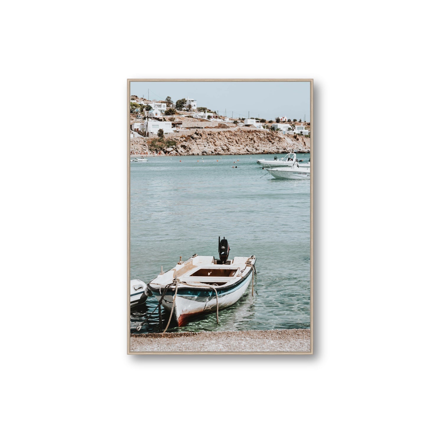 Classic Wheels Mykonos Greek island wall art Extra Large fine art canvas in natural oak float frame