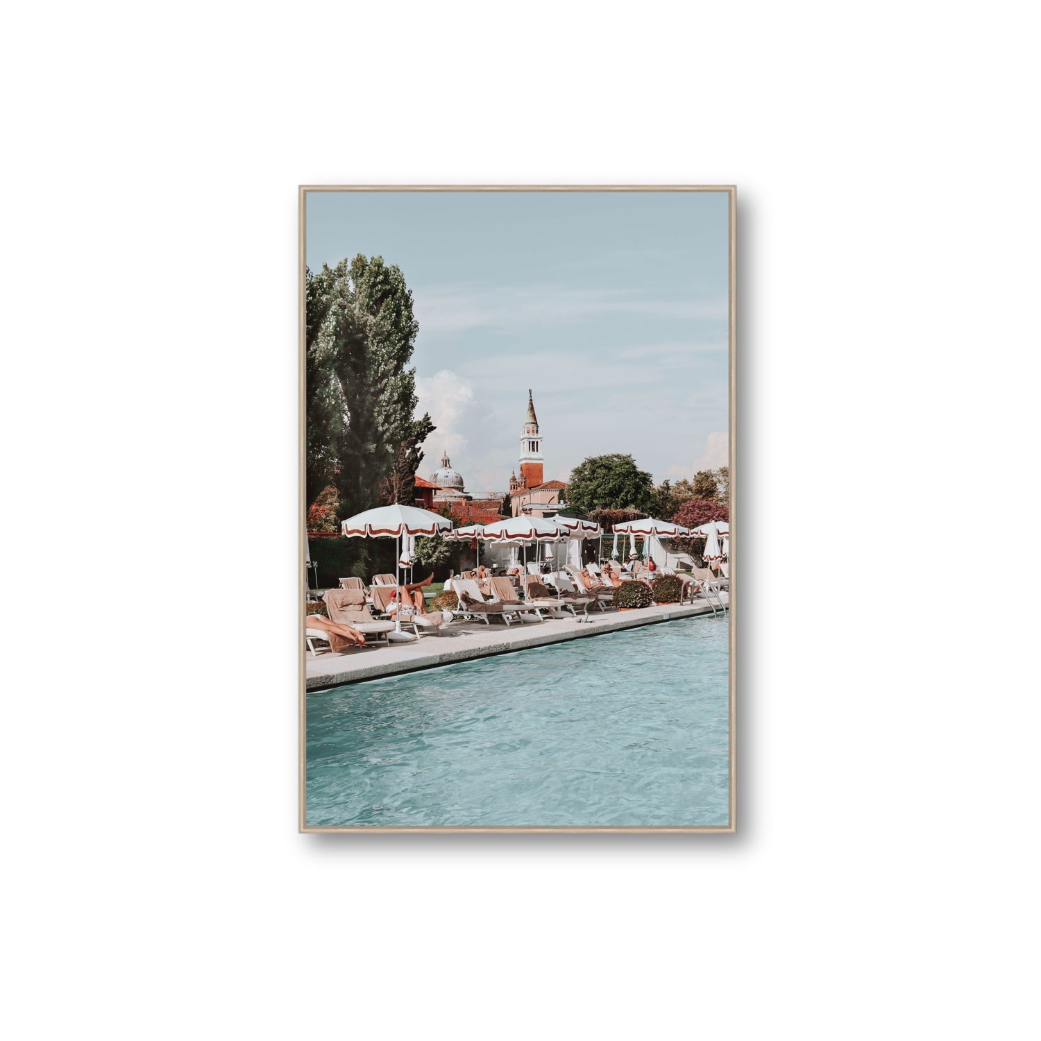 Poolside Perch Venice Italian wall art Extra Large fine art canvas in natural oak float frame