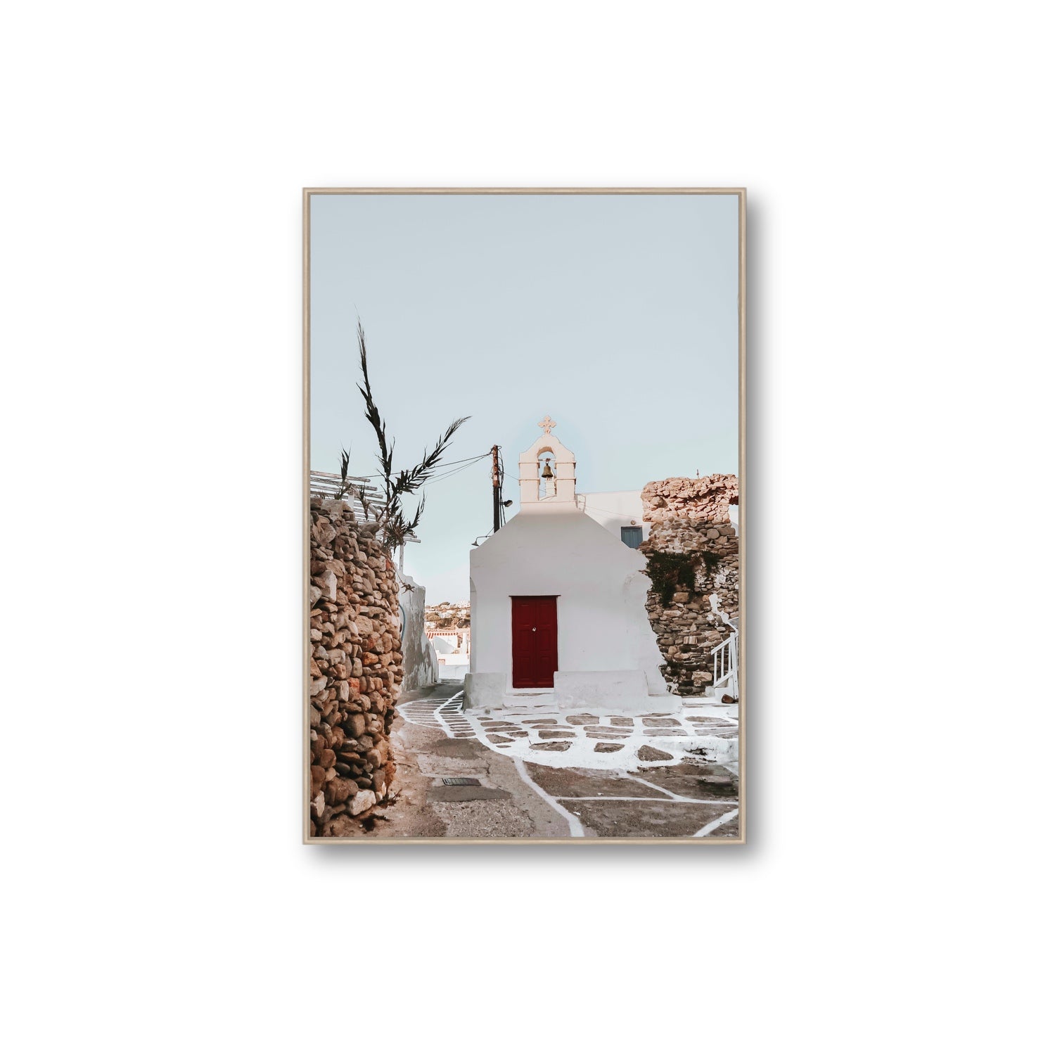 Little Chapel Mykonos Greek island wall art Extra Large fine art canvas in natural oak float frame
