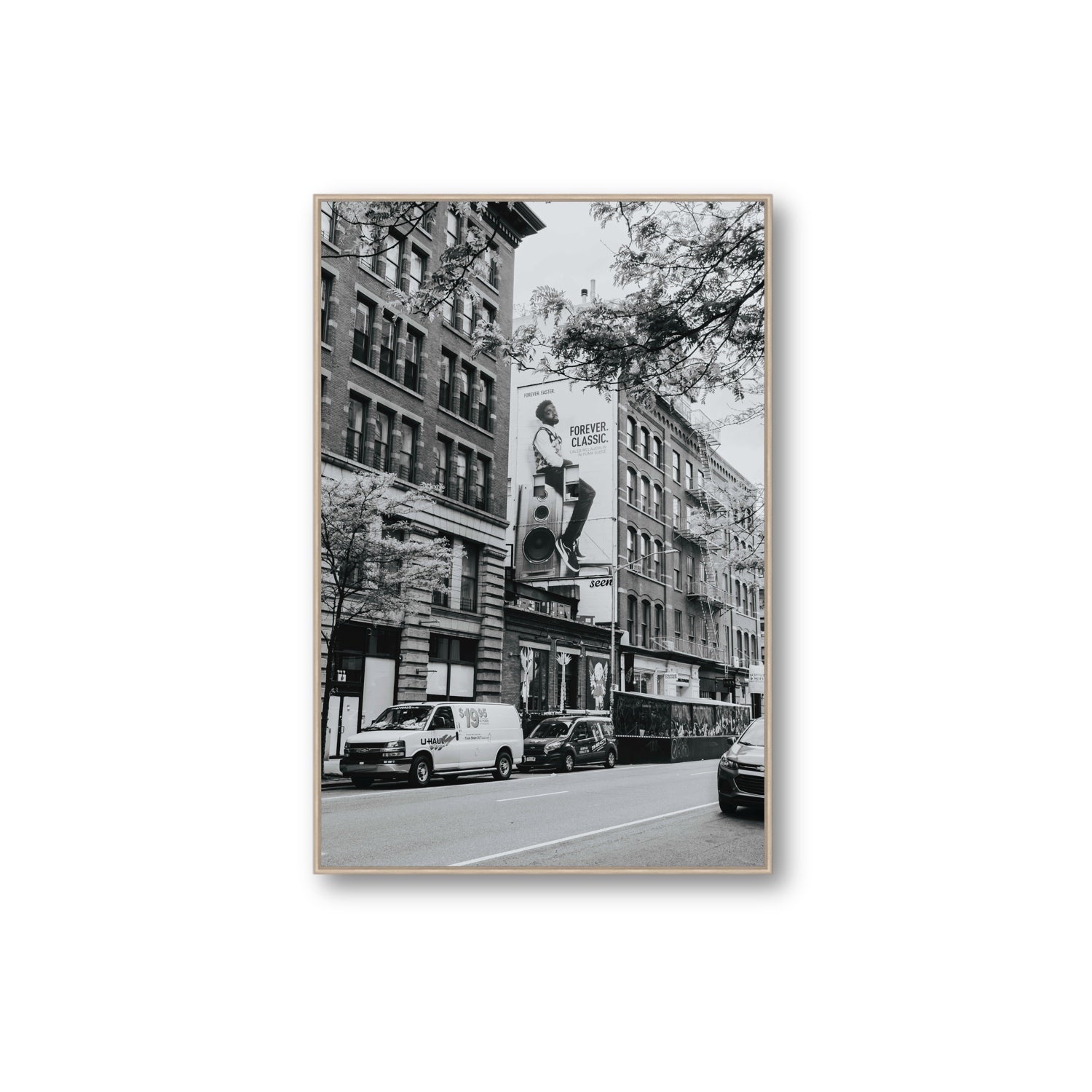 Forever Classic New York NYC Black & White wall art Extra Large fine art canvas in natural oak float frame