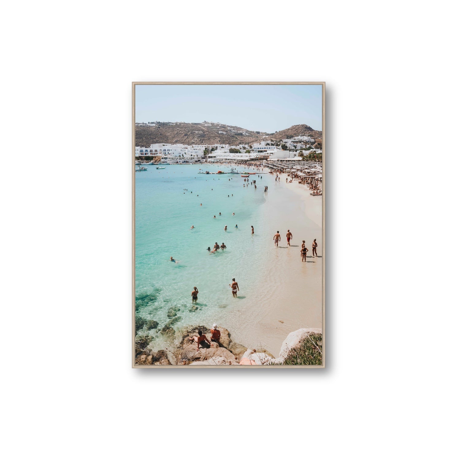 Breathe In The Salty Air Mykonos Greek island wall art Extra Large fine art canvas in natural oak float frame