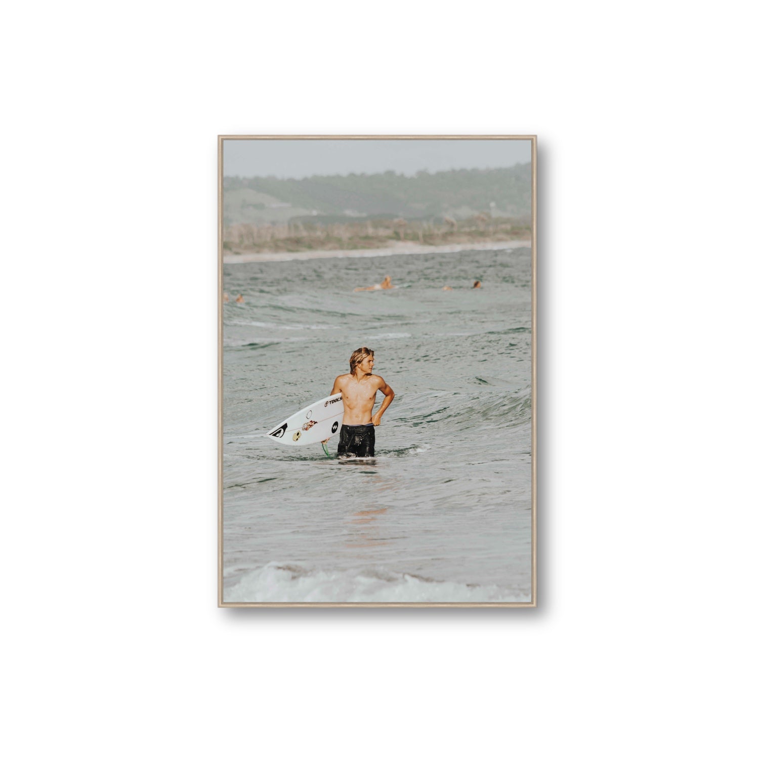 Chasing Mavericks Byron Bay Surf coastal wall art Extra Large fine art canvas in natural oak float frame