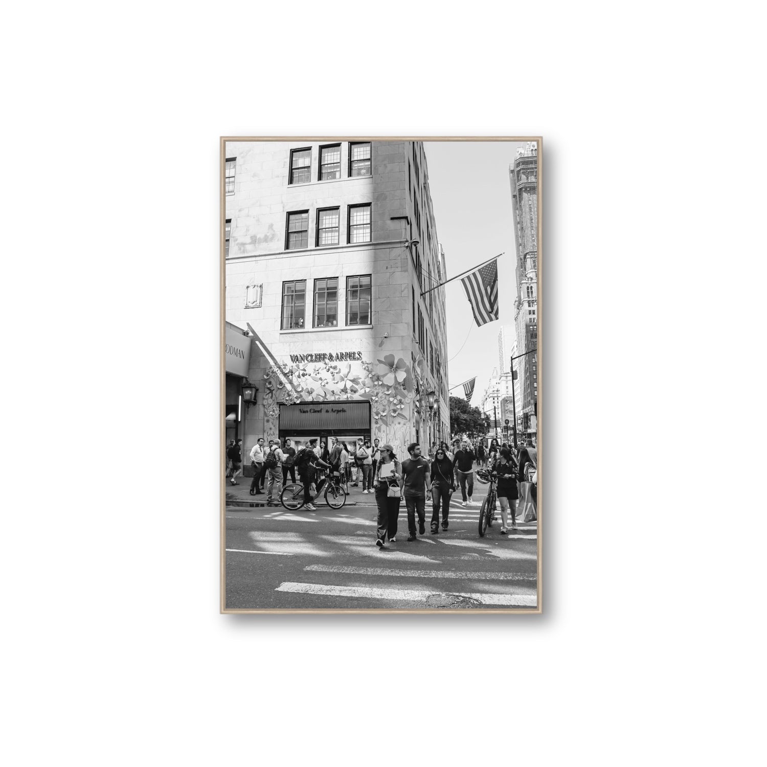 Sidewalk Shuffle New York NYC Black & White wall art Extra Large fine art canvas in natural oak float frame