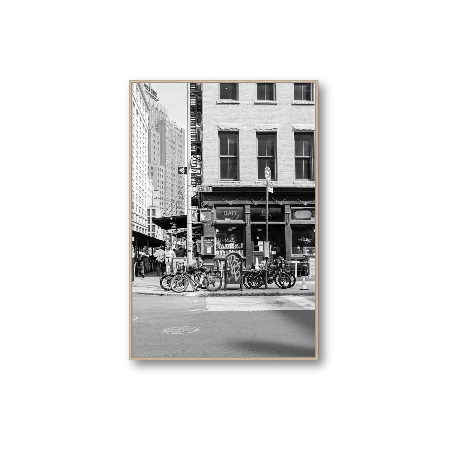 Bites Of The Big Apple New York NYC Black & White wall art Extra Large fine art canvas in natural oak float frame