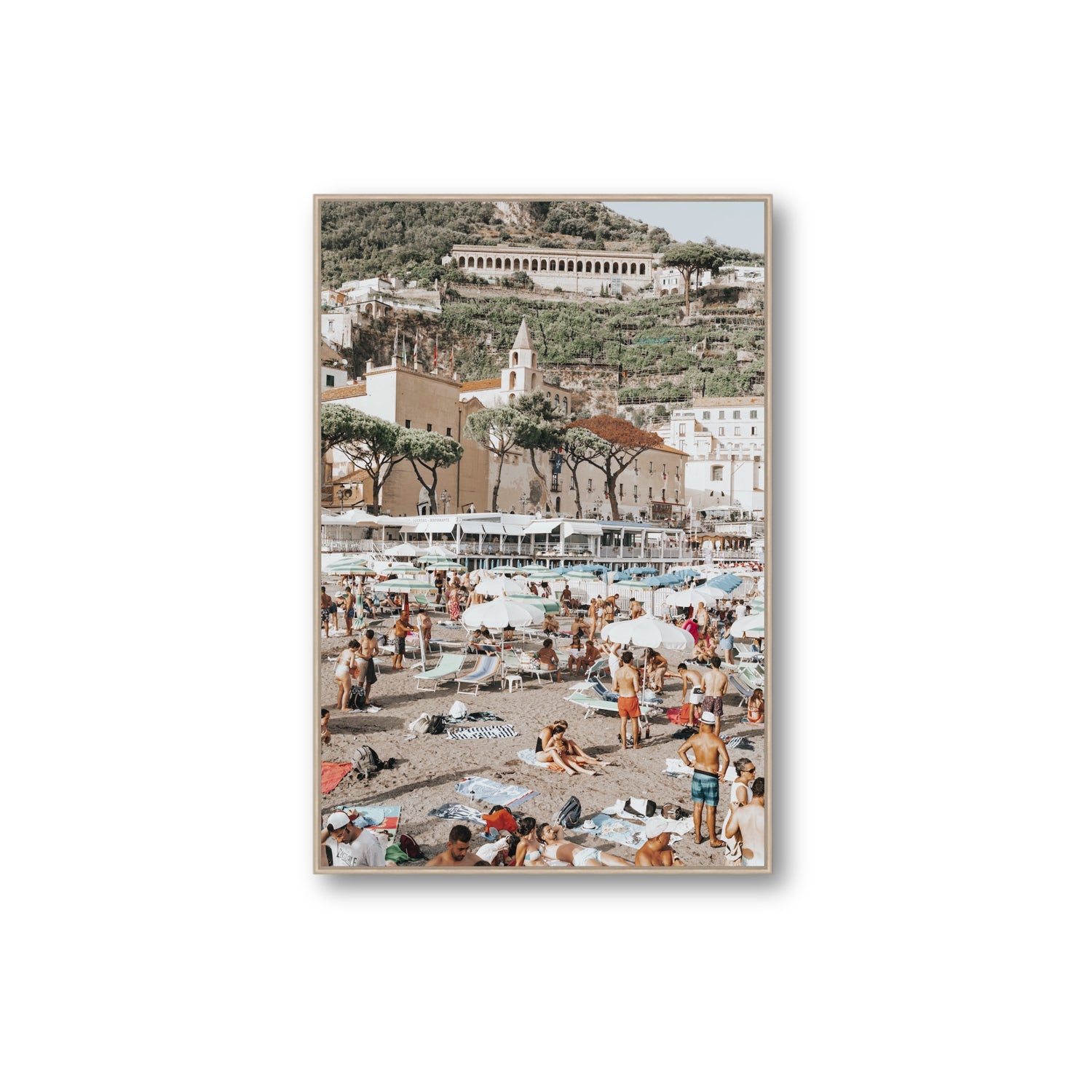 Festa In Spiaggia Amalfi coastal wall art Extra Large fine art canvas in natural oak float frame