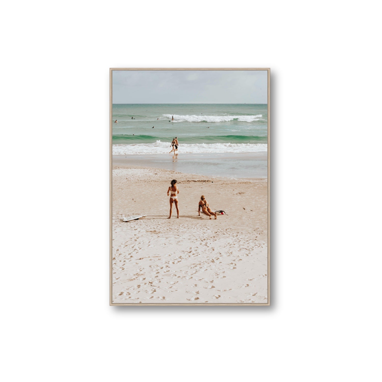 Gidget & Betty Byron Bay beach coastal wall art Extra Large fine art canvas in natural oak float frame