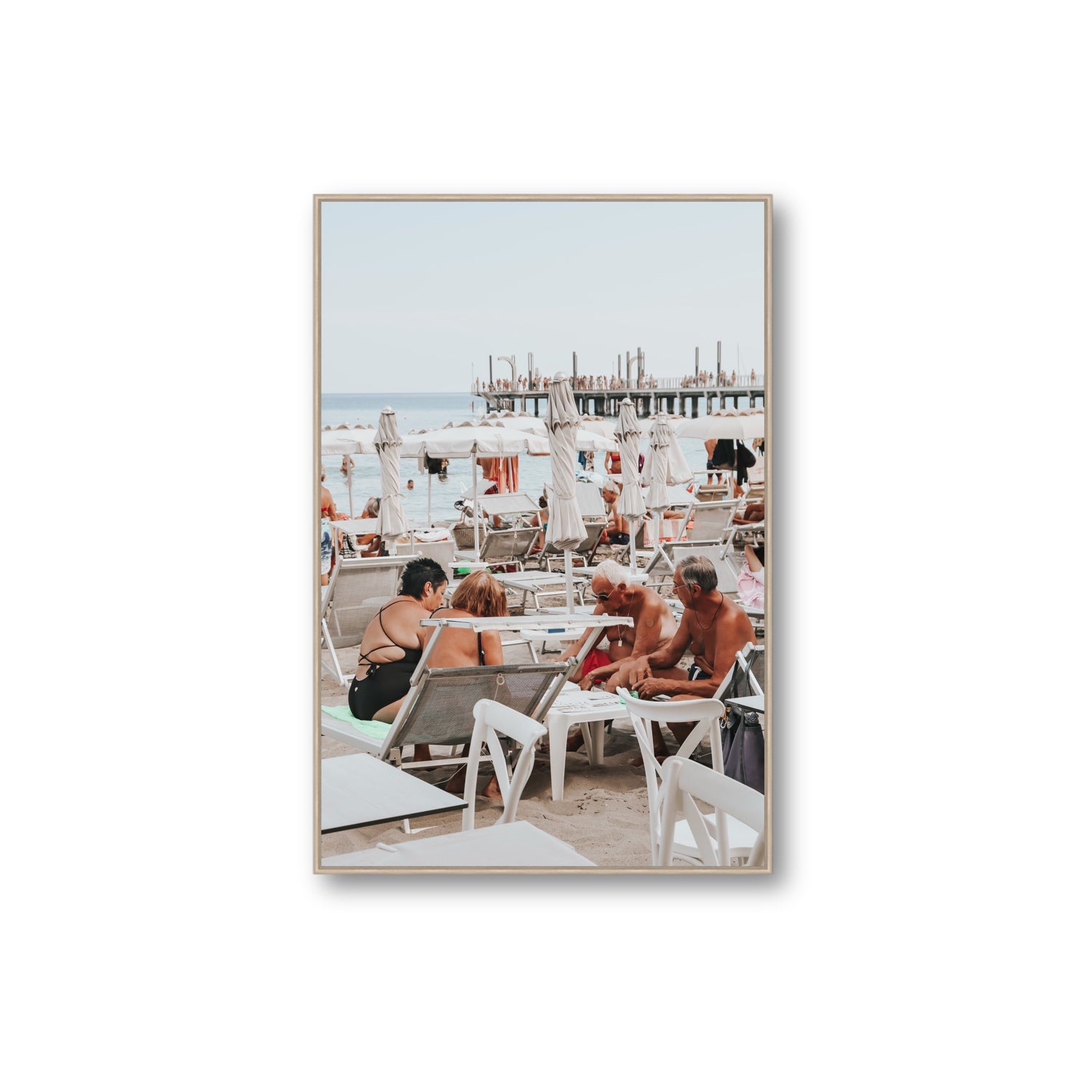 Salted Shuffle fine art print, Alassio, Italy, people and locals artwork, Extra Large, Natural Oak Float Frame, Fine Art Canvas