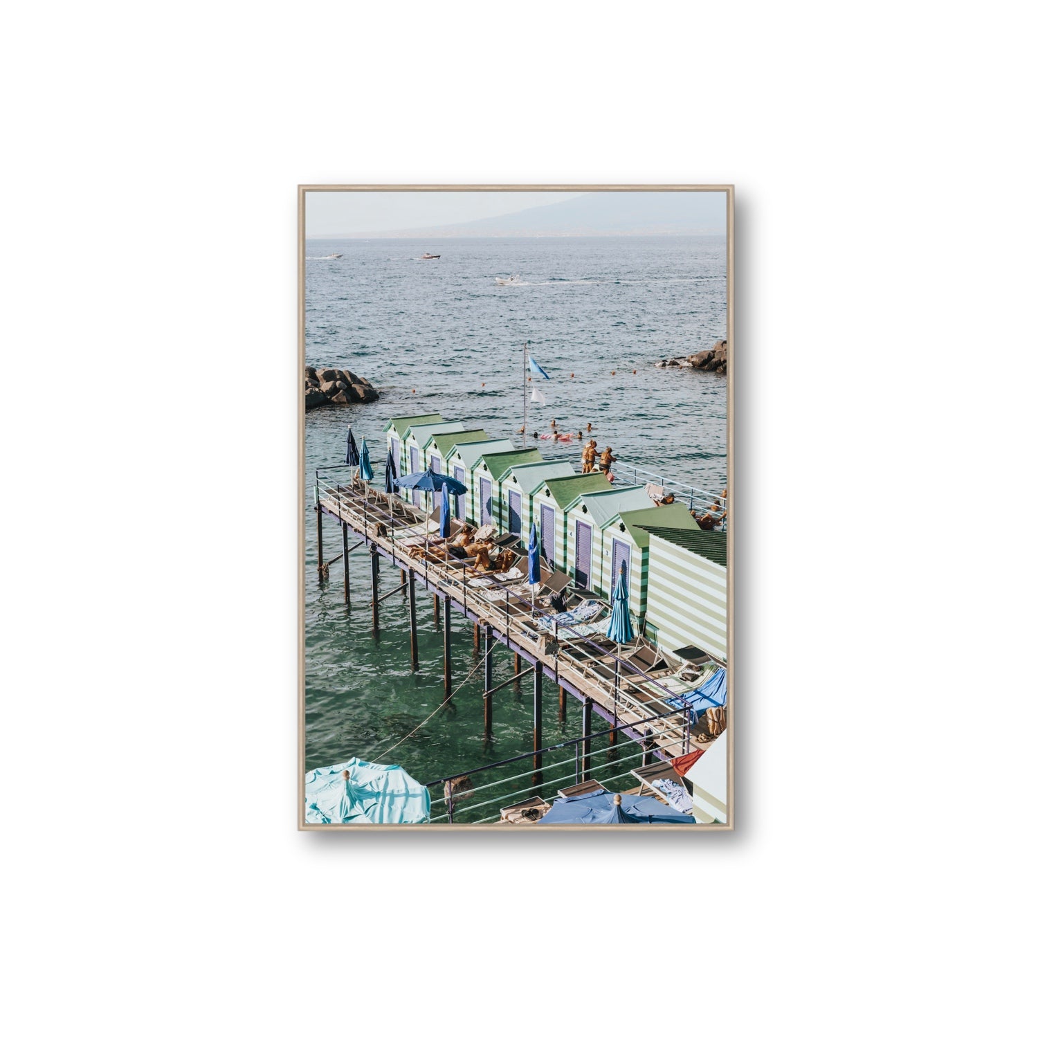 Cabine da Spiaggia fine art print, Sorrento, Italy, Extra Large, Natural Oak Float Frame, Fine Art Canvas