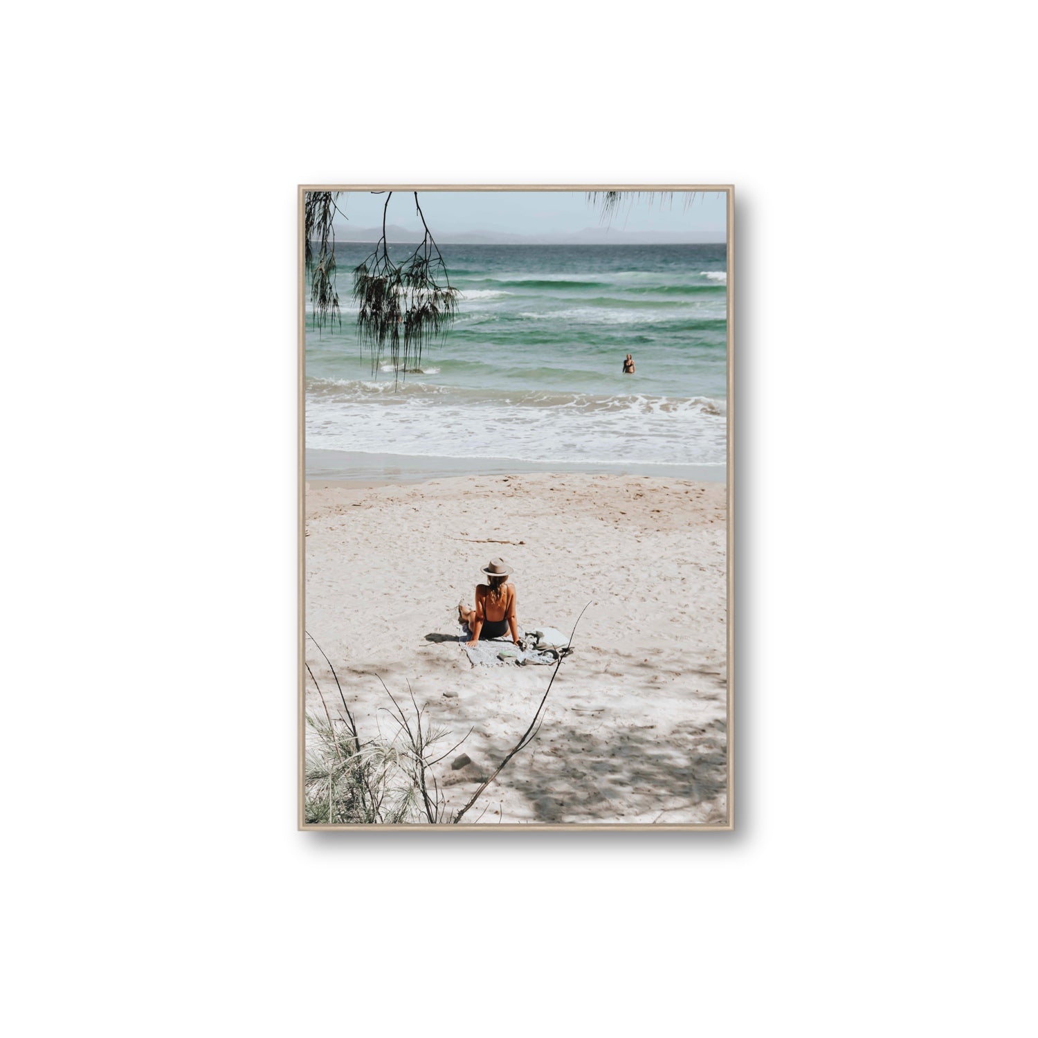 Take It Easy Byron Bay beach coastal decor wall art Extra Large fine art canvas in natural oak float frame