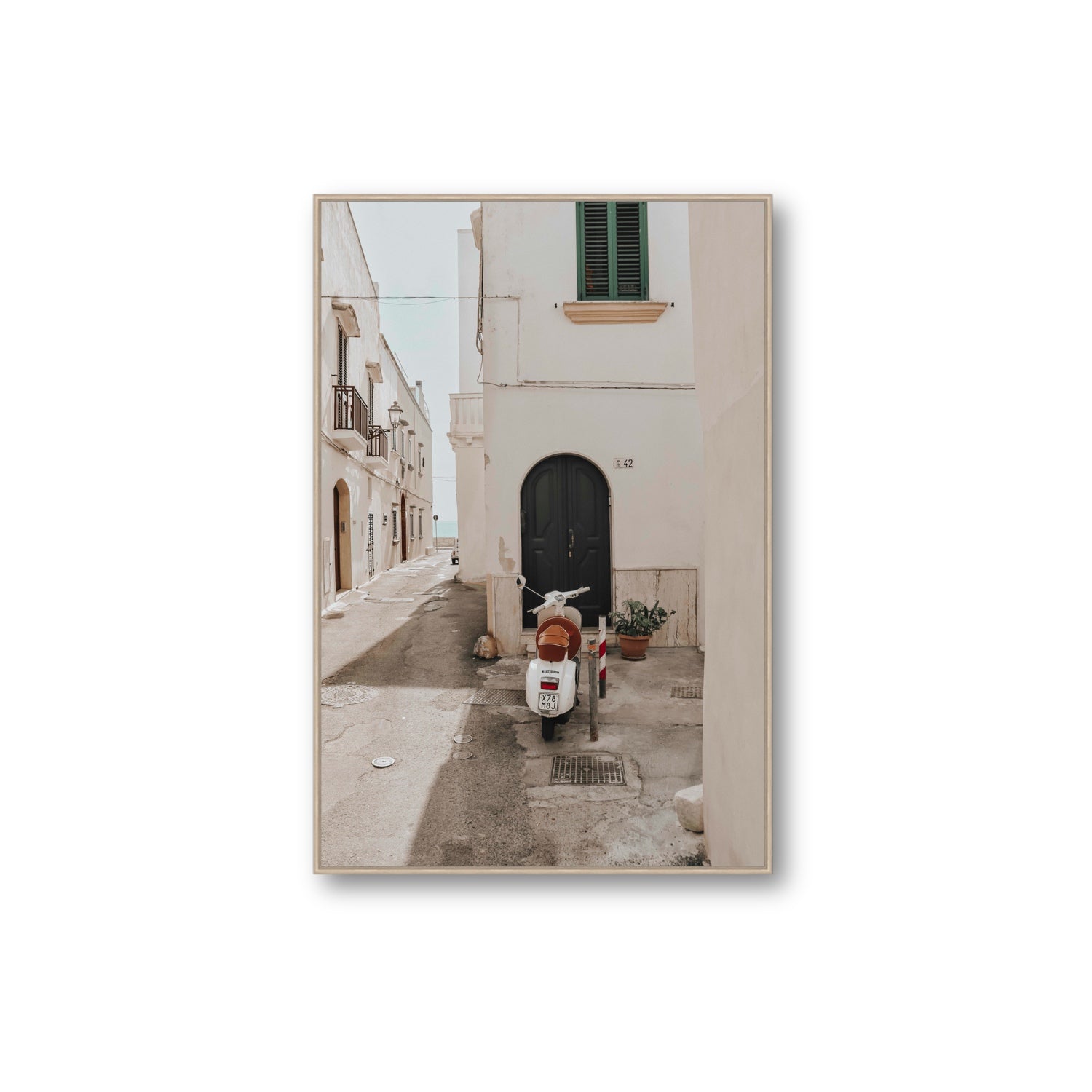La Casa 42 Puglia Gallipoli Italian wall art Extra Large fine art canvas in natural oak float frame