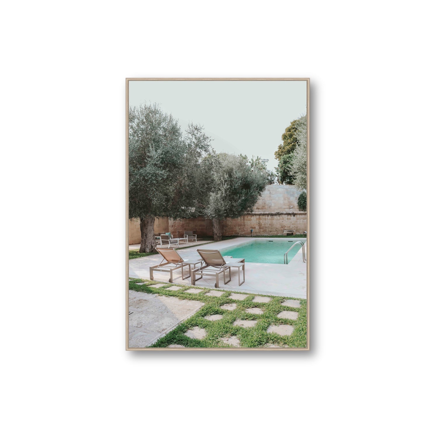 Olive Oasis Puglia Mediterranean wall art Extra Large fine art canvas in natural oak float frame