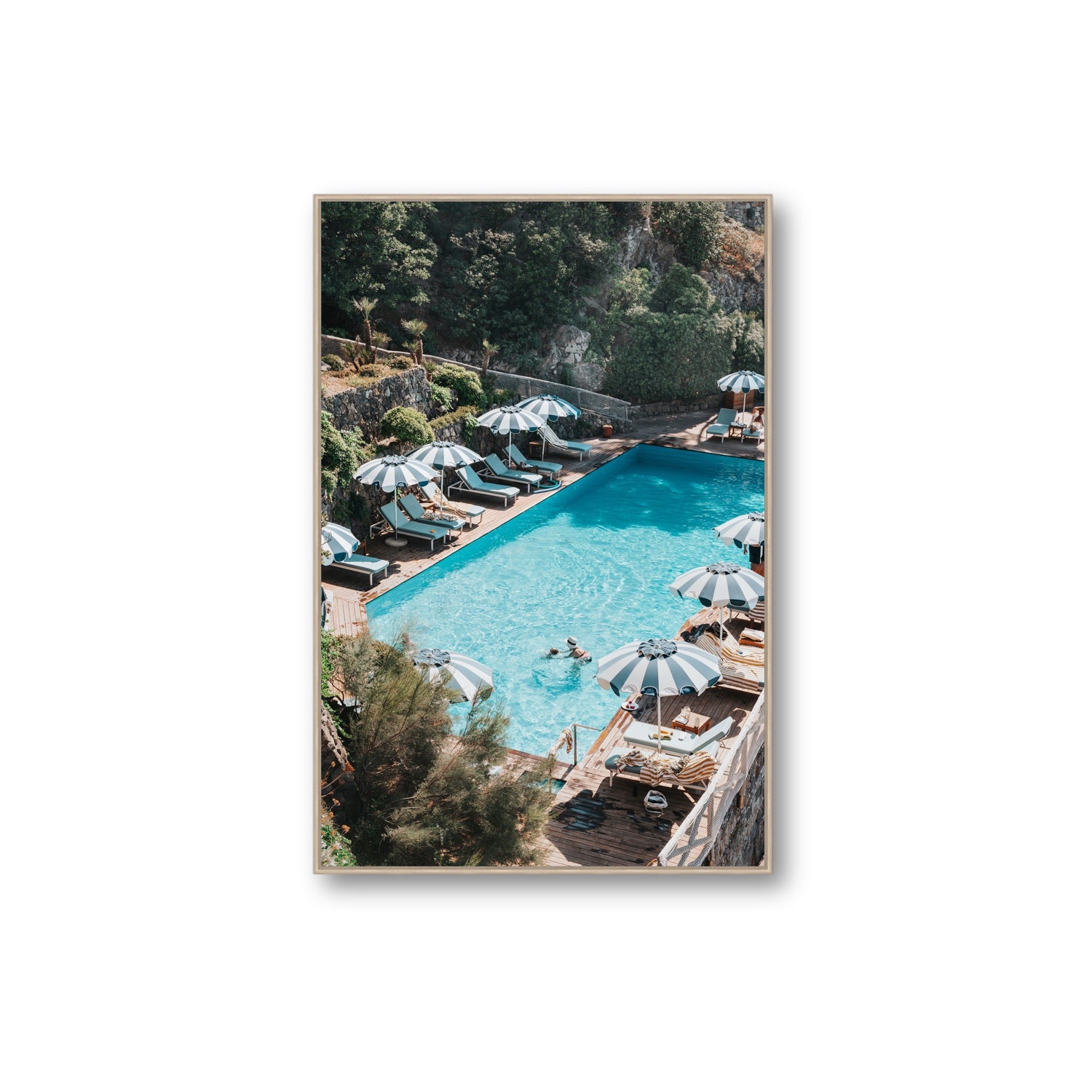 Poolside Paradise fine art print, Ischia, Italy, Extra Large, Natural Oak Float Frame, Fine Art Canvas