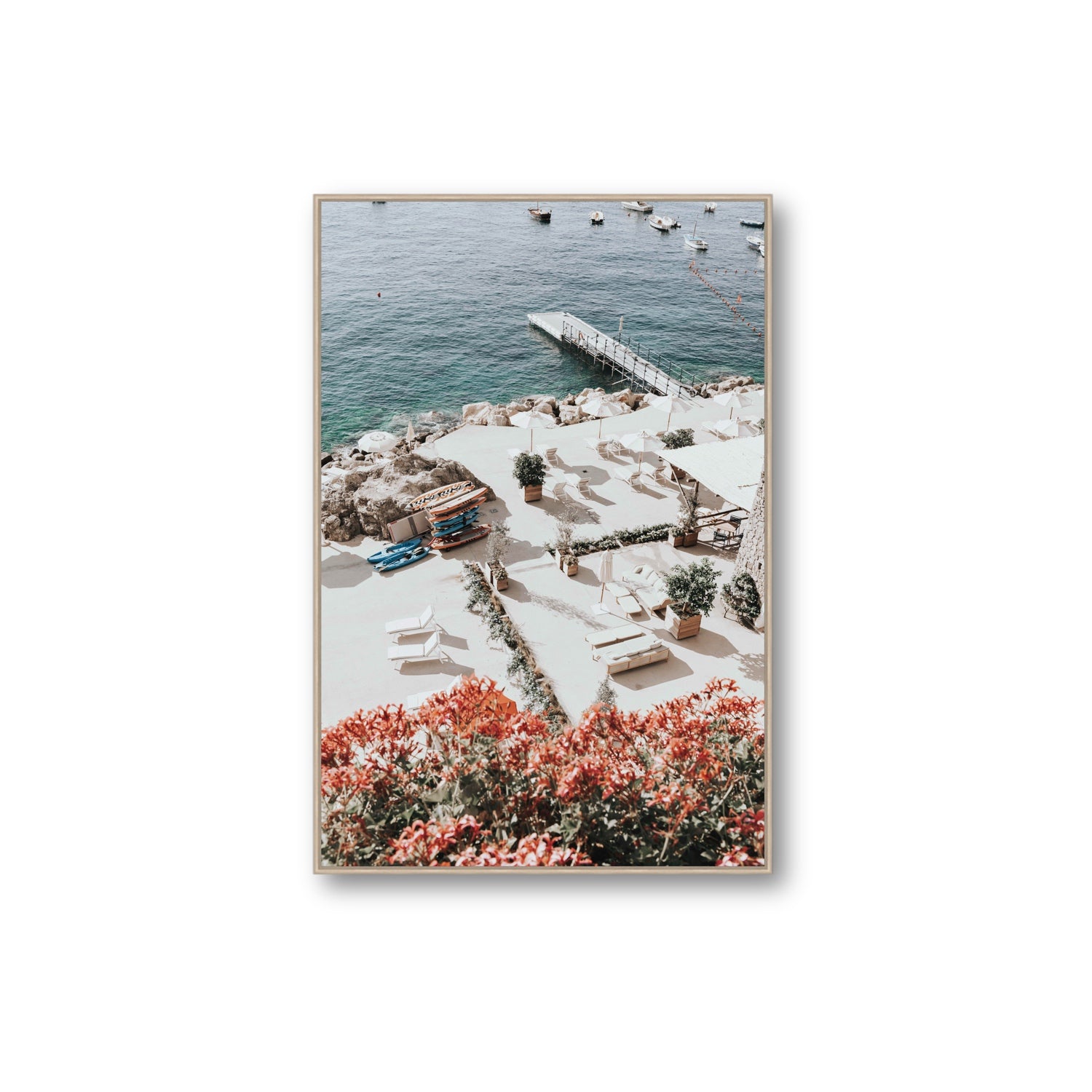 A Work of Art Amalfi coastal wall art Extra Large fine art canvas in natural oak float frame