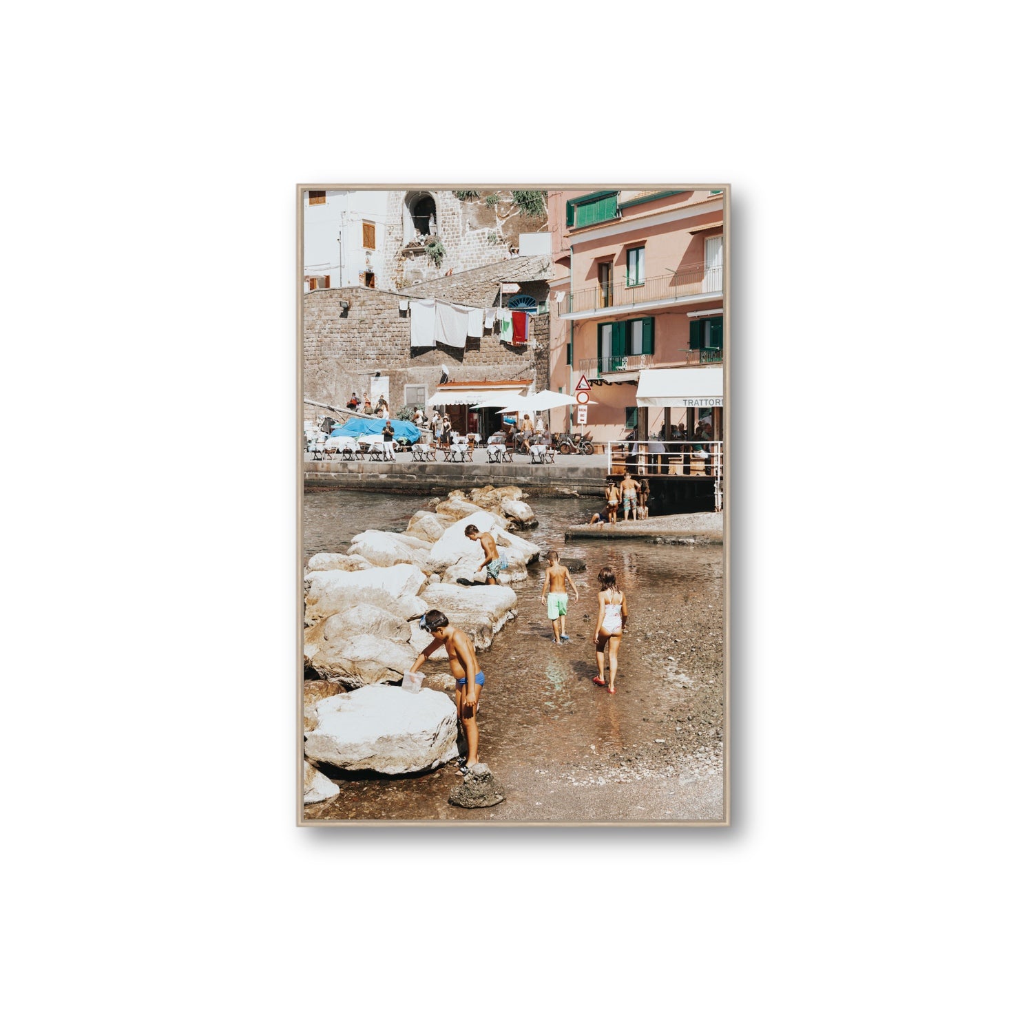 The Beachcombers Sorrento beach coastal wall art Extra Large fine art canvas in natural oak float frame