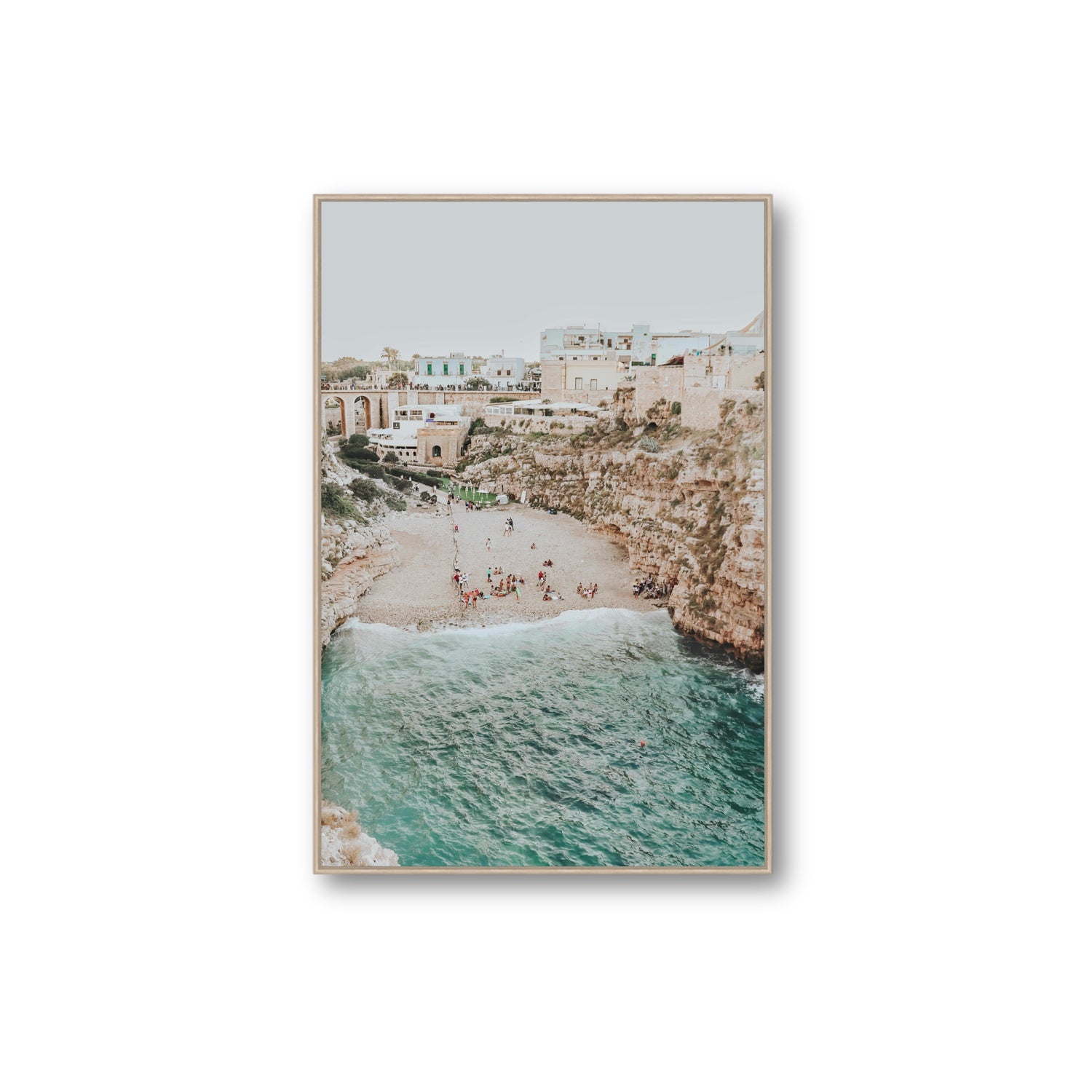 Polignano Vista Puglia coastal Italian beach fine art print Extra Large fine art canvas in natural oak float frame