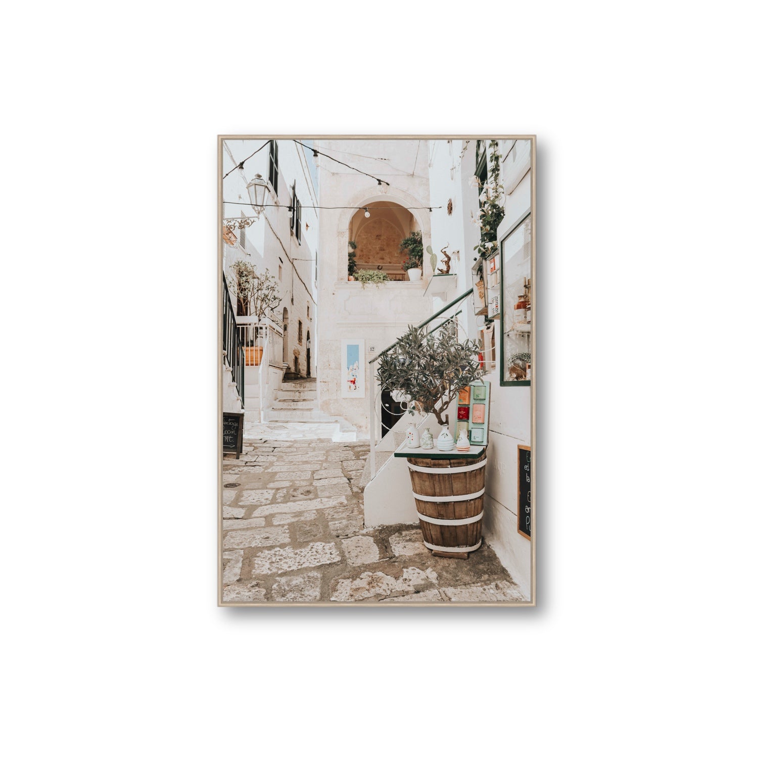 Olive Tree Lane Puglia Ostuni Mediterranean decor wall art Extra Large fine art canvas in natural oak float frame