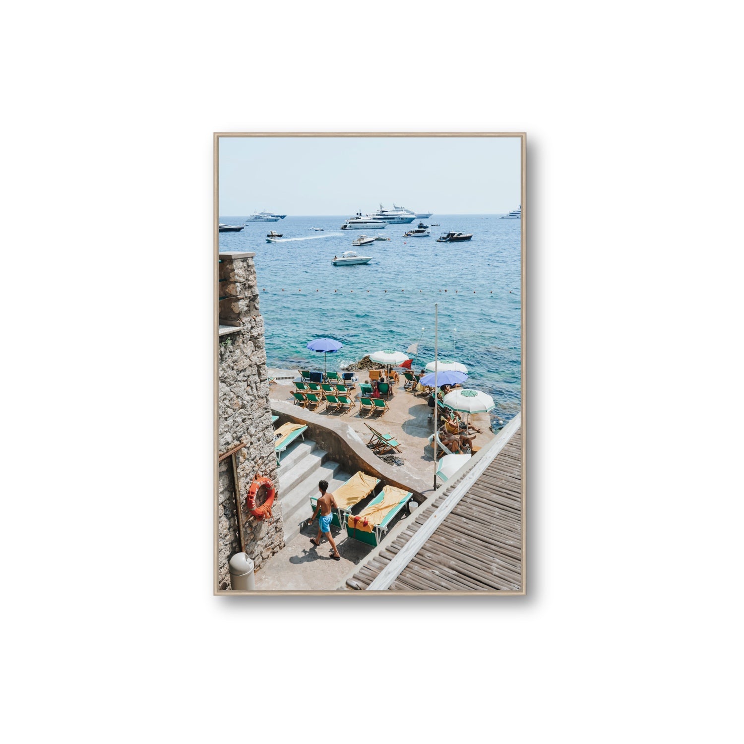 Canzone di Capri Capri Italian beach wall art Extra Large fine art canvas in natural oak float frame