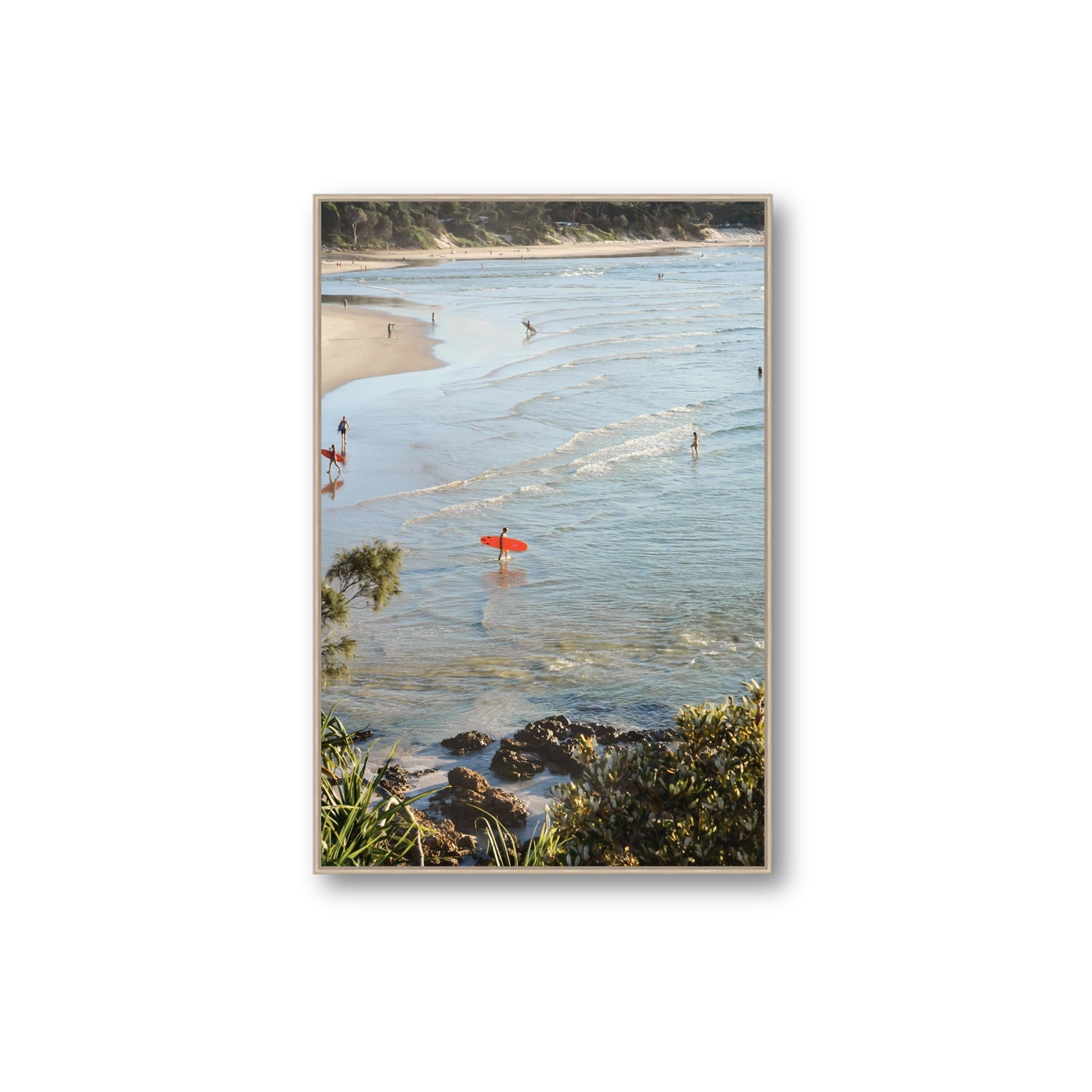 Seclusion Byron Bay Surf coastal wall art Extra Large fine art canvas in natural oak float frame